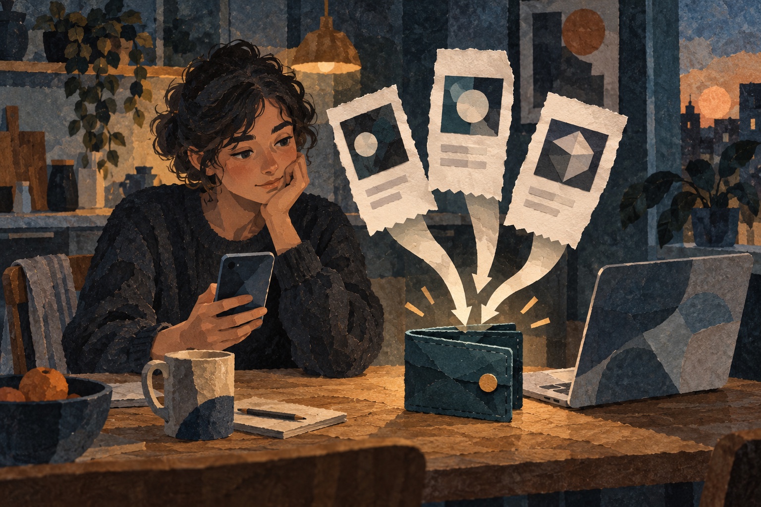 AI-illustratie van een jongvolwassene met telefoon en laptop, terwijl drie papieren rekeningen samenkomen bij één portemonnee.