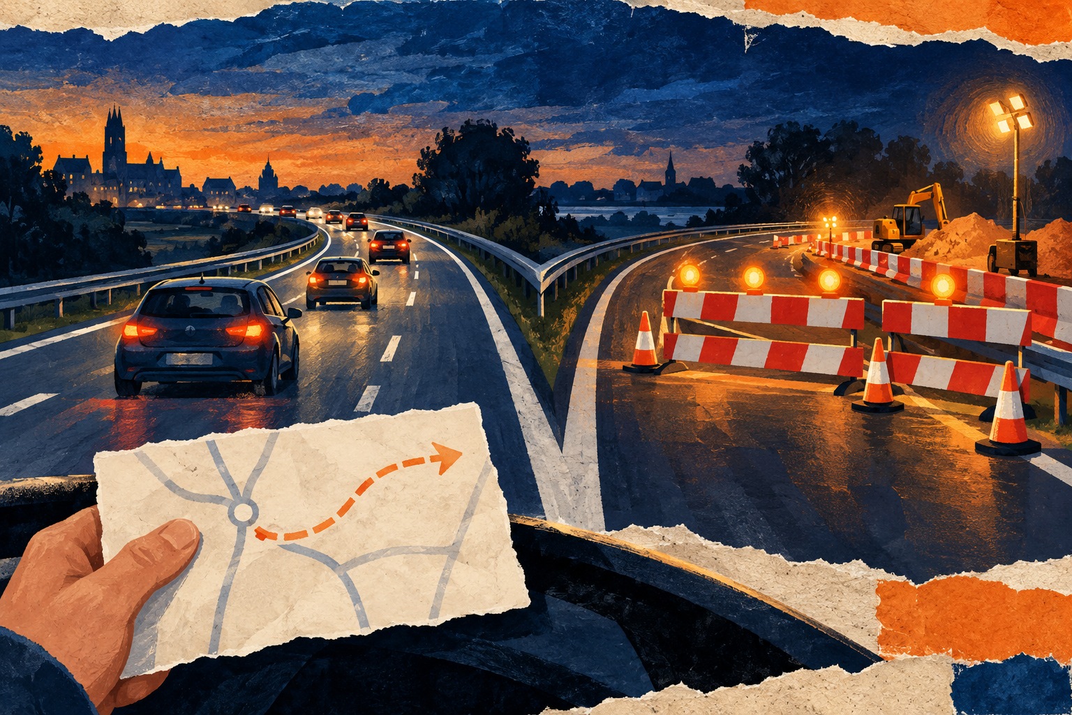 Conceptuele illustratie van een afgesloten snelweg en auto’s die bij een splitsing een andere route volgen.