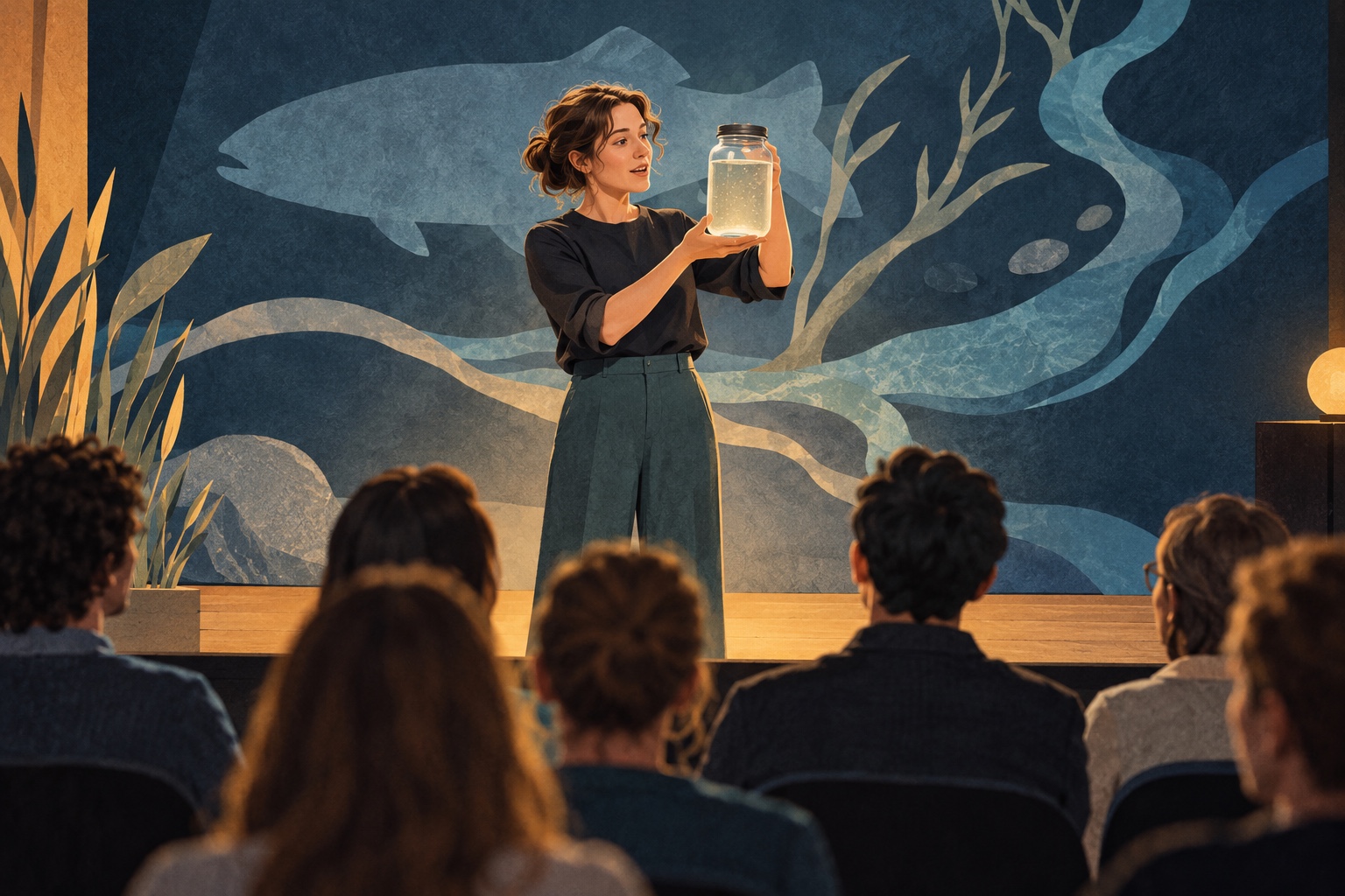 Conceptuele AI-illustratie van een onderzoeker met een pot rivierwater voor een publiek; geen foto van de PhD Cup of een echte finalist.