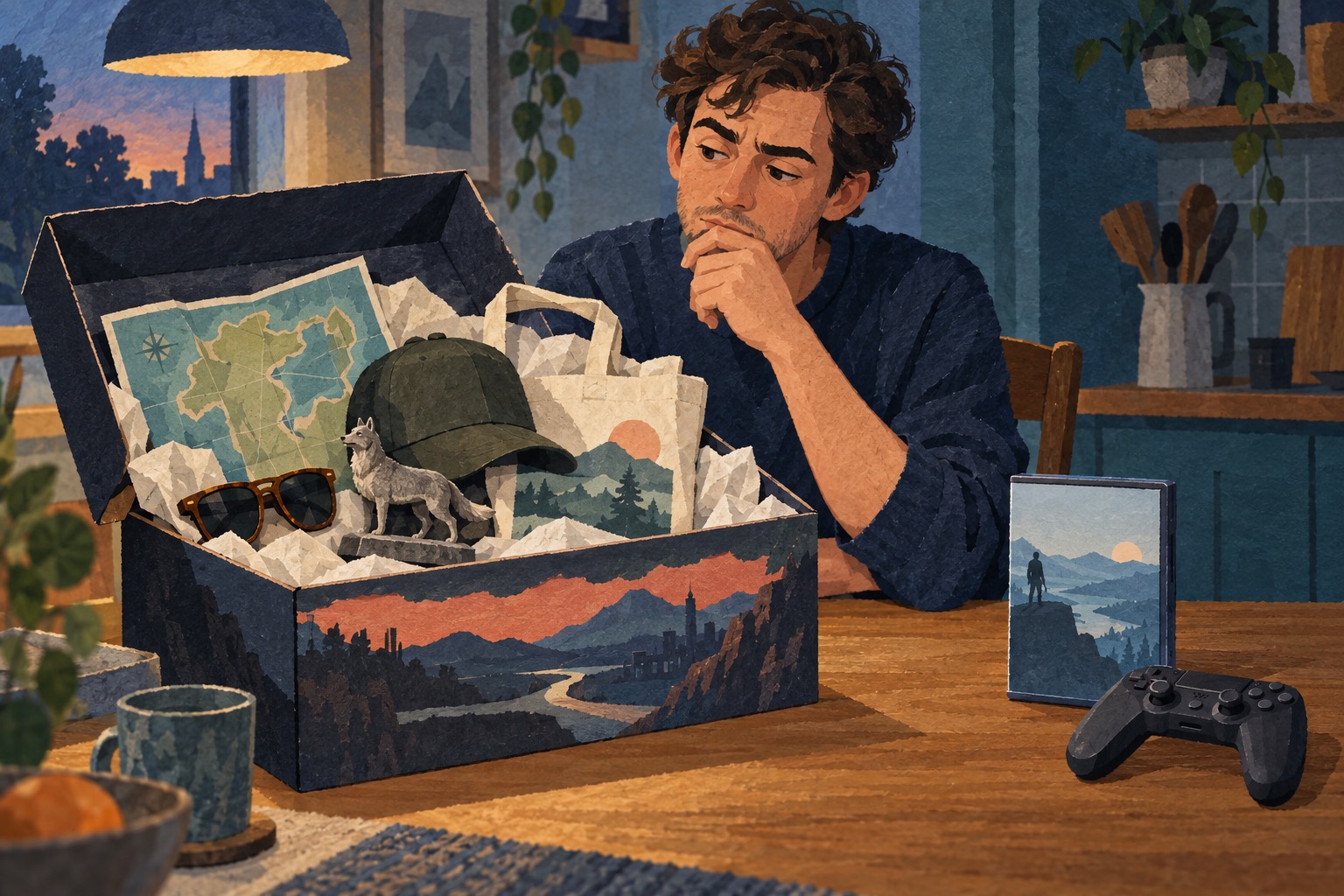 Conceptuele illustratie van een verzameldoos met merchandise naast een afzonderlijke gameverpakking.