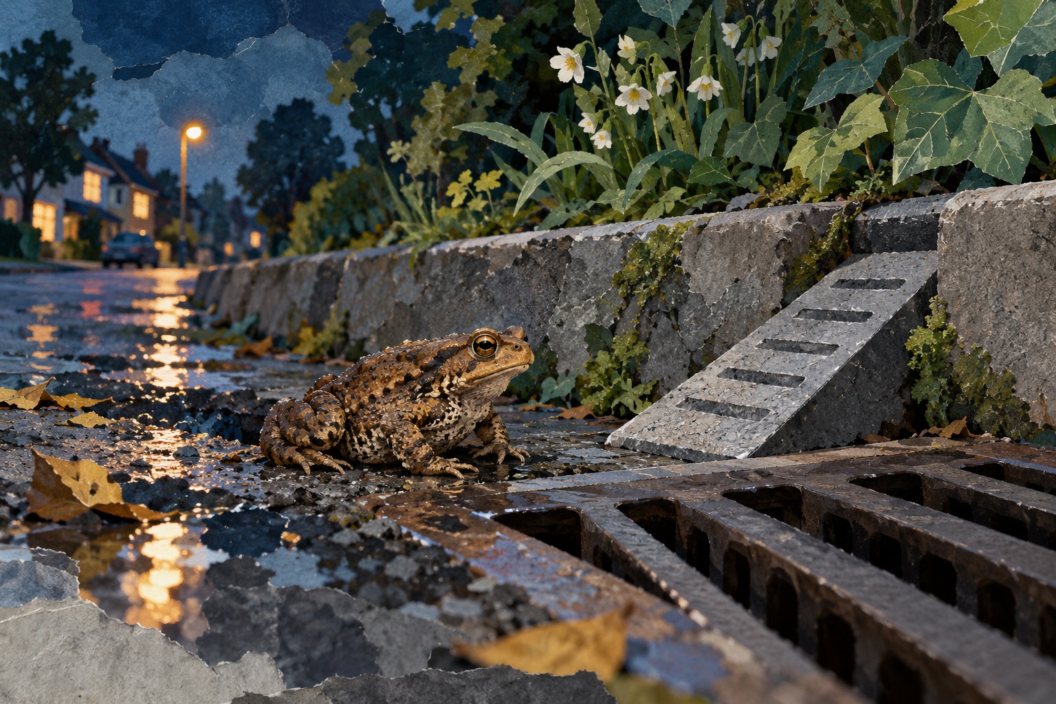 Conceptuele AI-illustratie van een pad naast een straatkolk, stoeprand en groen; geen foto van een Zwolse maatregel of exacte paddentrap.