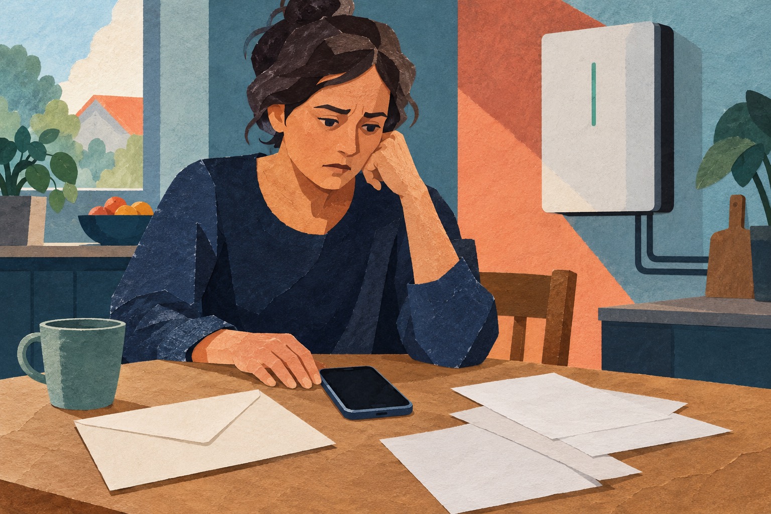 Conceptuele AI-illustratie van een consument met telefoon en papieren aan de keukentafel, met een algemene thuisbatterij op de achtergrond; geen beeld van een werkelijke gedupeerde.