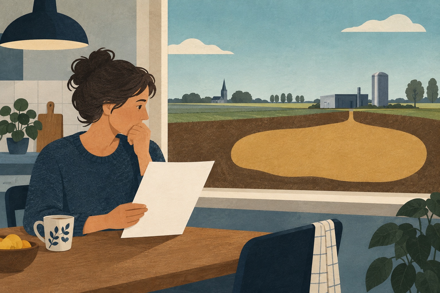 Conceptuele AI-illustratie van een huishouden dat de energierekening bekijkt, met op de achtergrond een symbolische ondergrondse gasopslag.