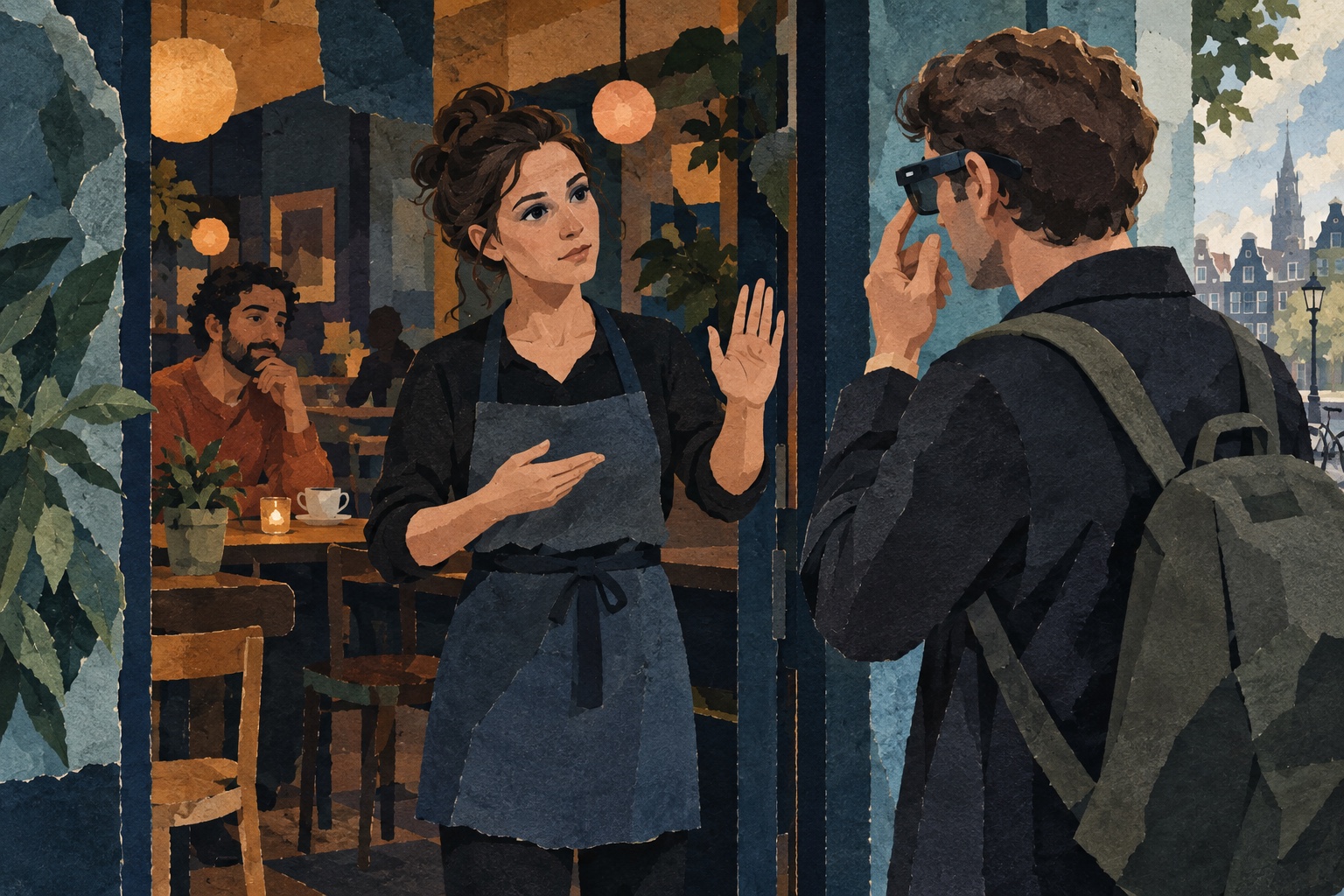 Illustratie van een cafémedewerker die met een bezoeker met een camerabril spreekt over toegang.
