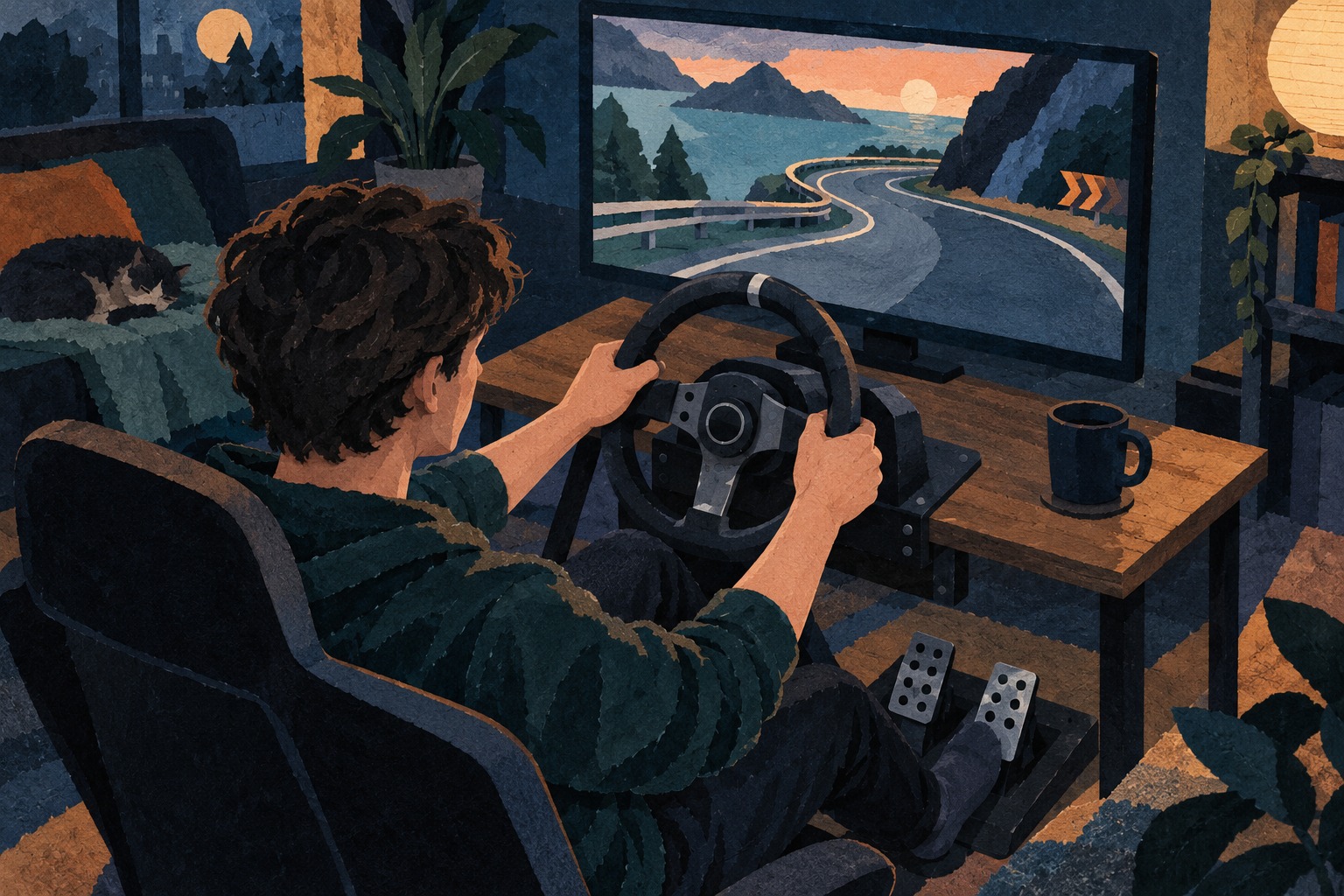 Conceptuele AI-papiercollage van een speler achter een racestuur in de woonkamer, met precies twee handen aan het stuur. Geen afbeelding van het echte product.