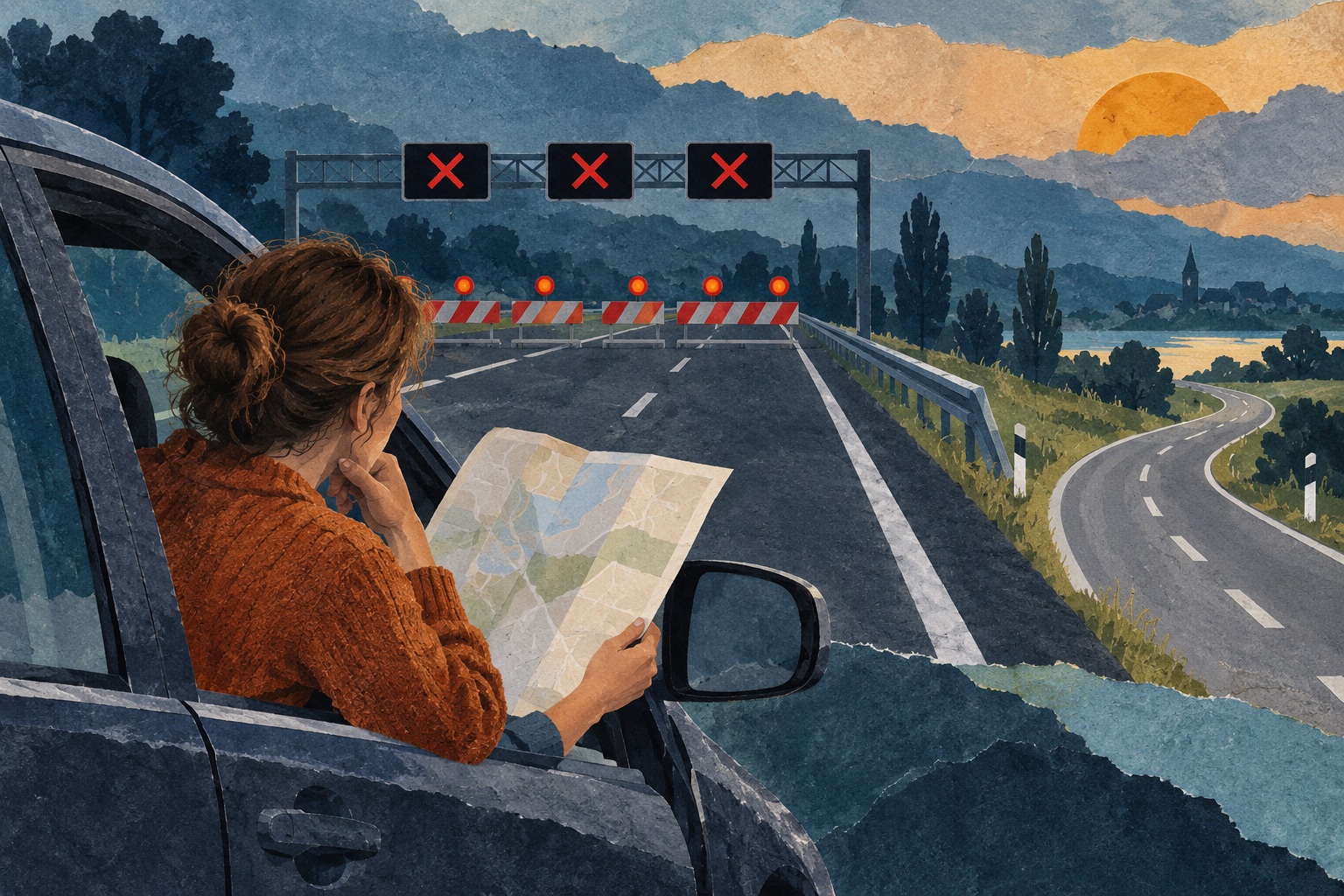Conceptuele AI-illustratie van een reiziger in een auto met een kaart, rode afsluitkruisen en een afbuigende weg.
