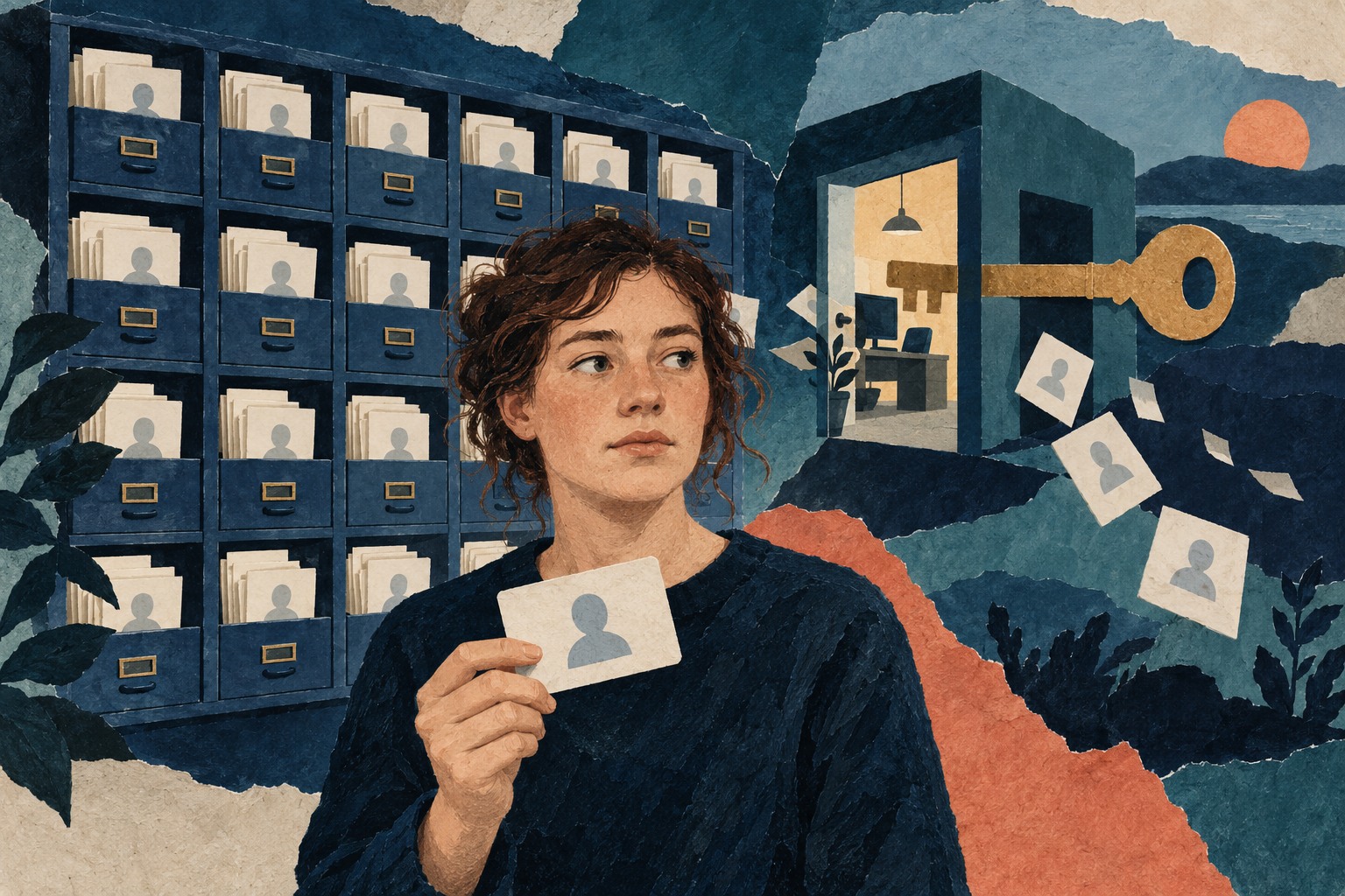 AI-illustratie van een jonge persoon met een blanco persoonskaart, een archiefkast en een bedrijfstoegang met een sleutel.