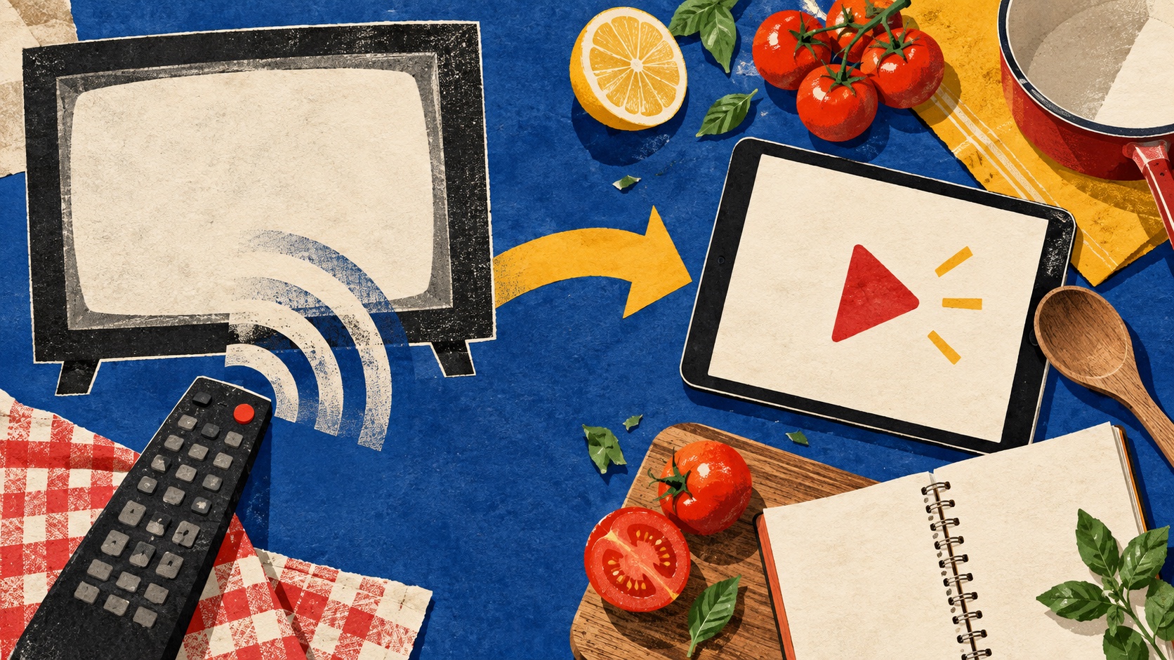 Conceptuele AI-illustratie: een tv-afstandsbediening en een tablet met afspeelsymbool liggen tussen kookspullen op tafel.