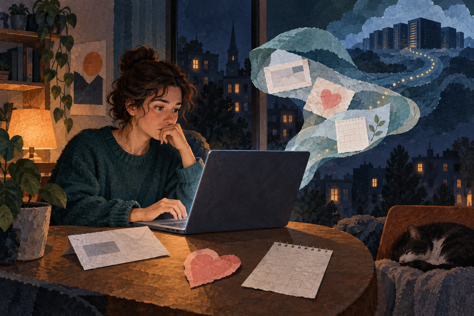 Geschilderde papiercollage van een jonge volwassene die thuis bij een laptop nadenkt over een persoonlijk AI-gesprek; conceptuele illustratie, geen echt scherm of persoon.