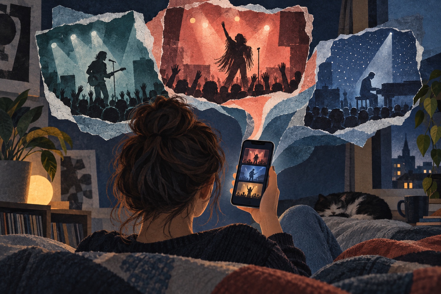 AI-illustratie van een muziekliefhebber die op een telefoon naar gestileerde podiumoptredens uit verschillende jaren kijkt.