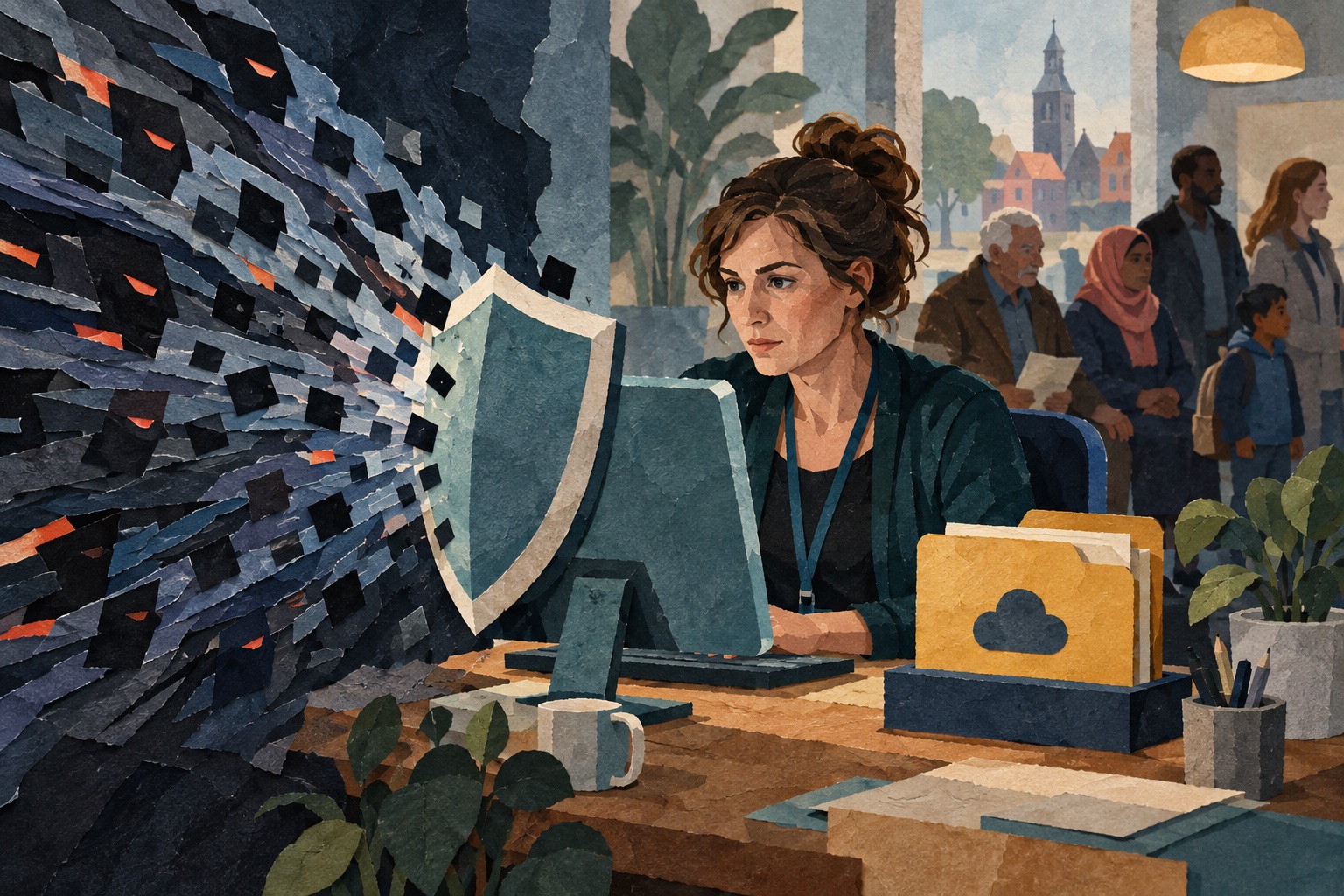 Conceptuele papiercollage van een medewerker achter een computer, met een snelle stroom digitale vormen en een beschermende laag.