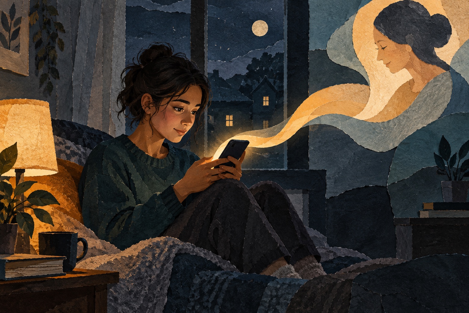 Illustratie van een jongvolwassene die ’s avonds via een telefoon contact zoekt; de warme papieren vorm verbeeldt een antwoord van een menselijke medewerker, geen echte chat of casus.