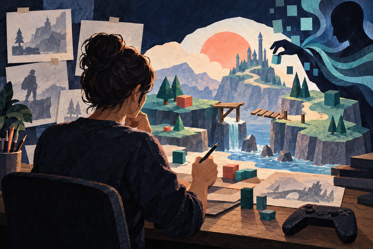 Conceptuele AI-illustratie van een gameontwerper bij een nog onvoltooide spelwereld; geen beeld uit de Disney-game.