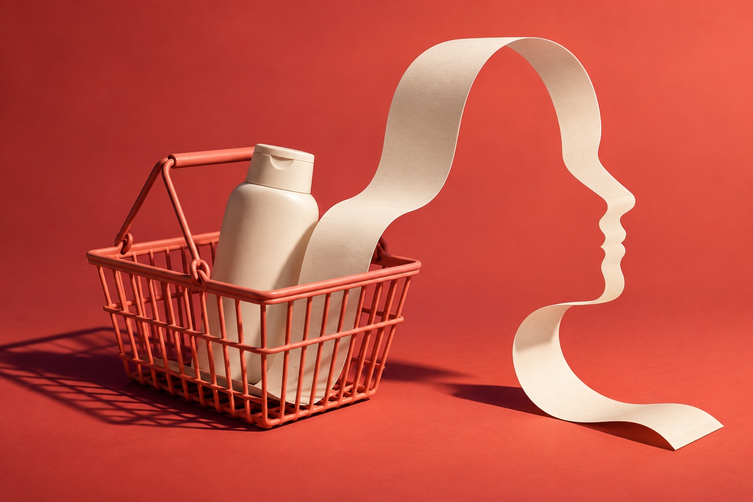 AI-illustratie van een winkelmandje met een neutrale verzorgingsfles en een blanco bon die de omtrek van een gezicht vormt, als beeld voor persoonsgegevens bij online aankopen.
