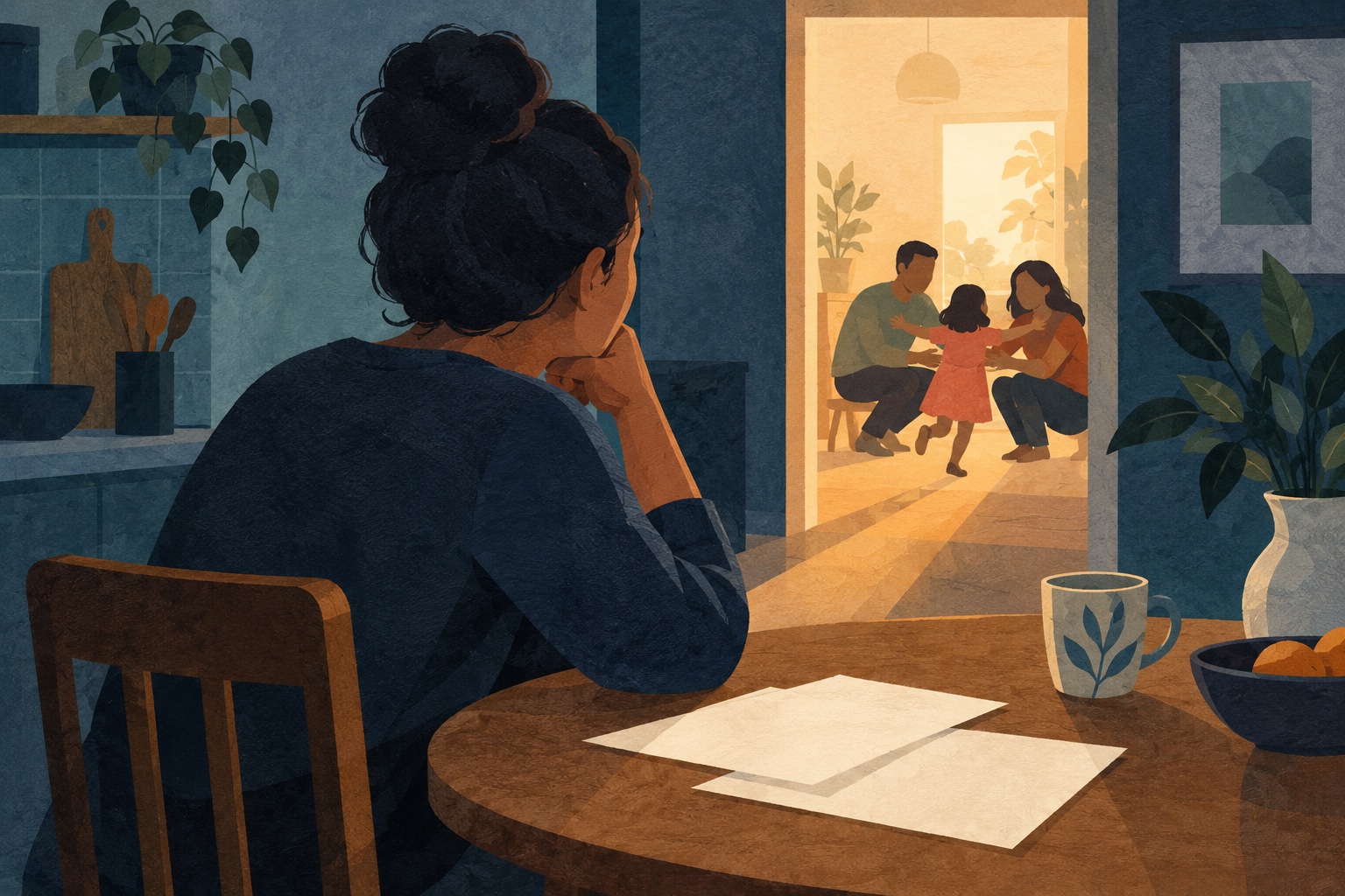 Conceptuele AI-illustratie: iemand wacht aan een tafel met papieren, terwijl verderop een gezin zichtbaar is; geen afbeelding van de betrokken families.