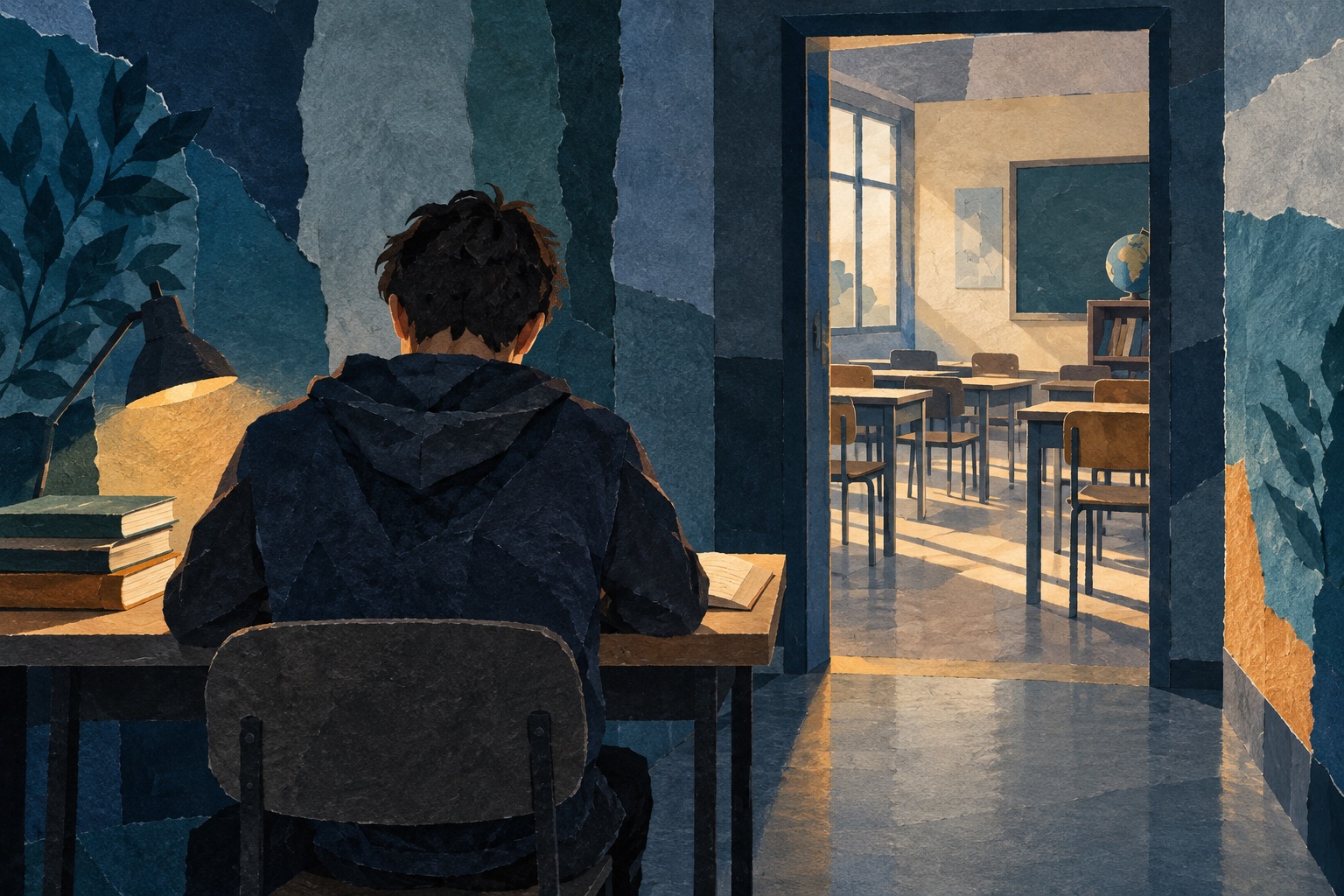 AI-illustratie: een anonieme jongere zit aan een bureau terwijl een leeg klaslokaal achter een deur zichtbaar is; geen echte inrichting of gebeurtenis.