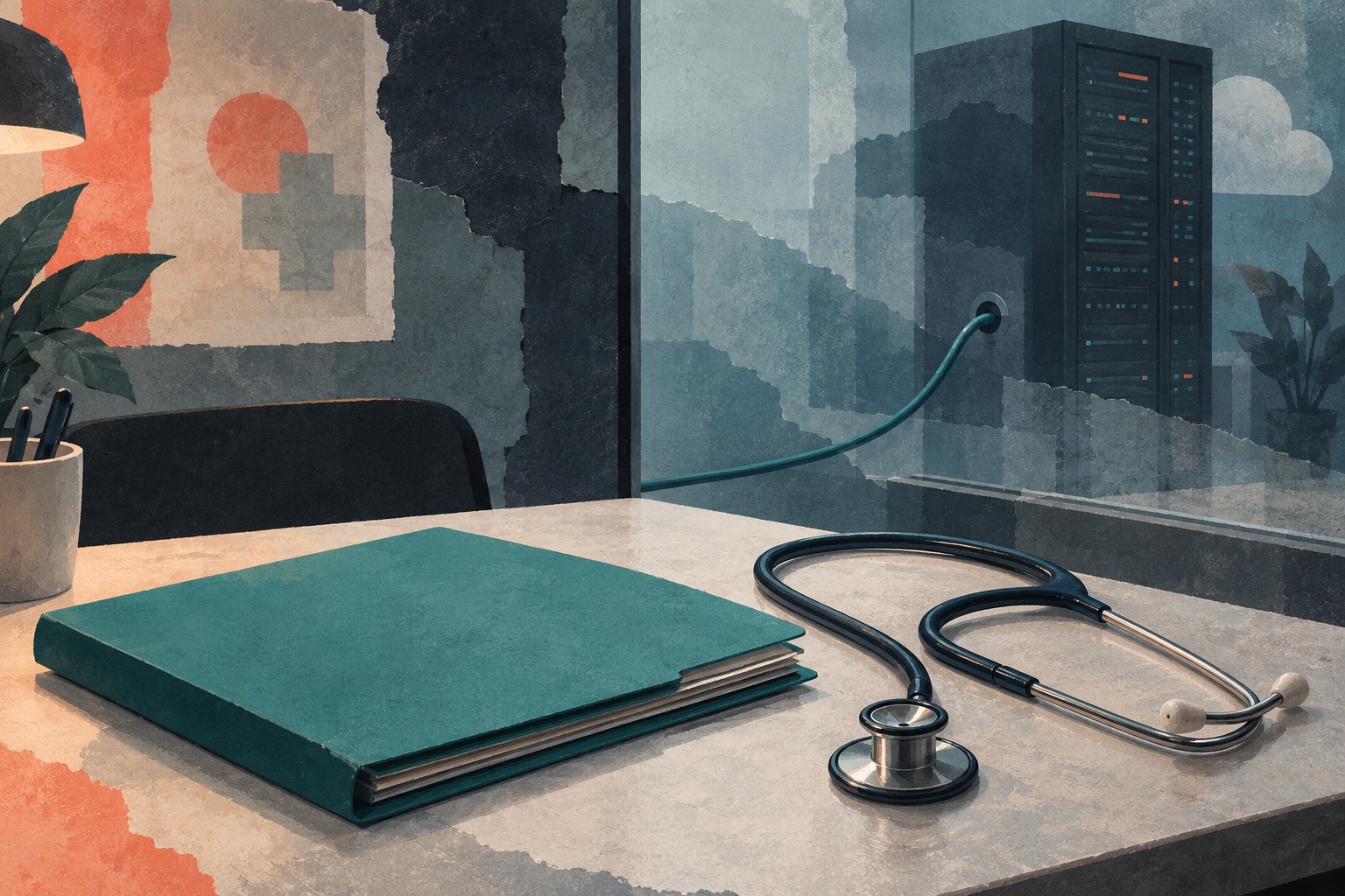 Conceptuele illustratie van een gesloten dossiermap en een stethoscoop, met een serverkast achter een glazen wand.