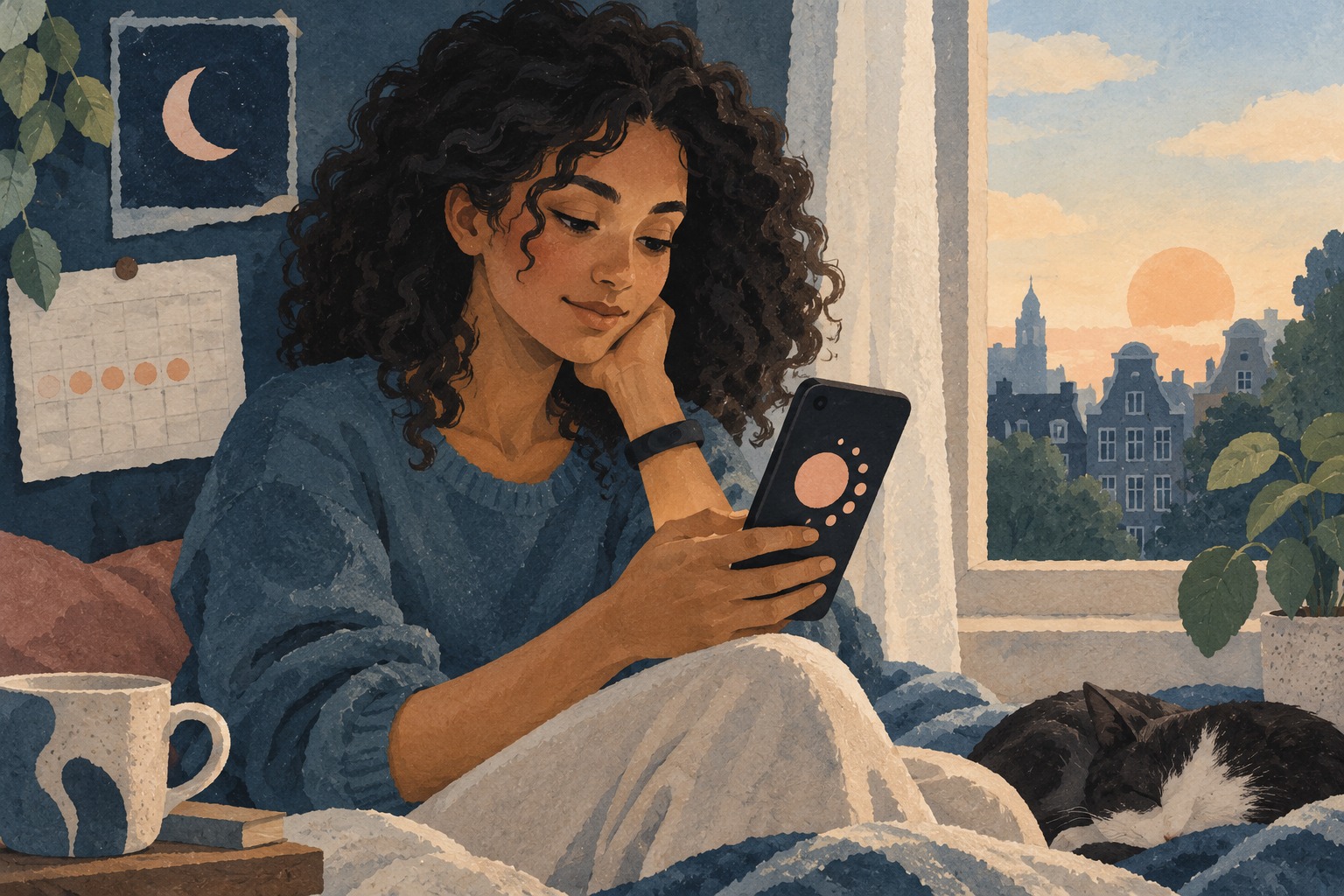 Geschilderde papiercollage van een vrouw die bij het raam op haar telefoon kijkt en een fitnessband draagt.