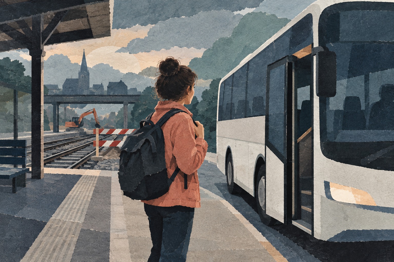 Illustratie van een reiziger met rugzak naast een vervangende bus en een spoor waar wordt gewerkt.