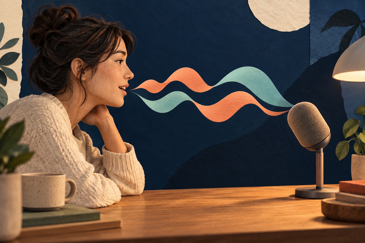 Conceptuele AI-illustratie van een jonge volwassene bij een microfoon, met oranje en turquoise geluidslinten die een gesprek verbeelden.