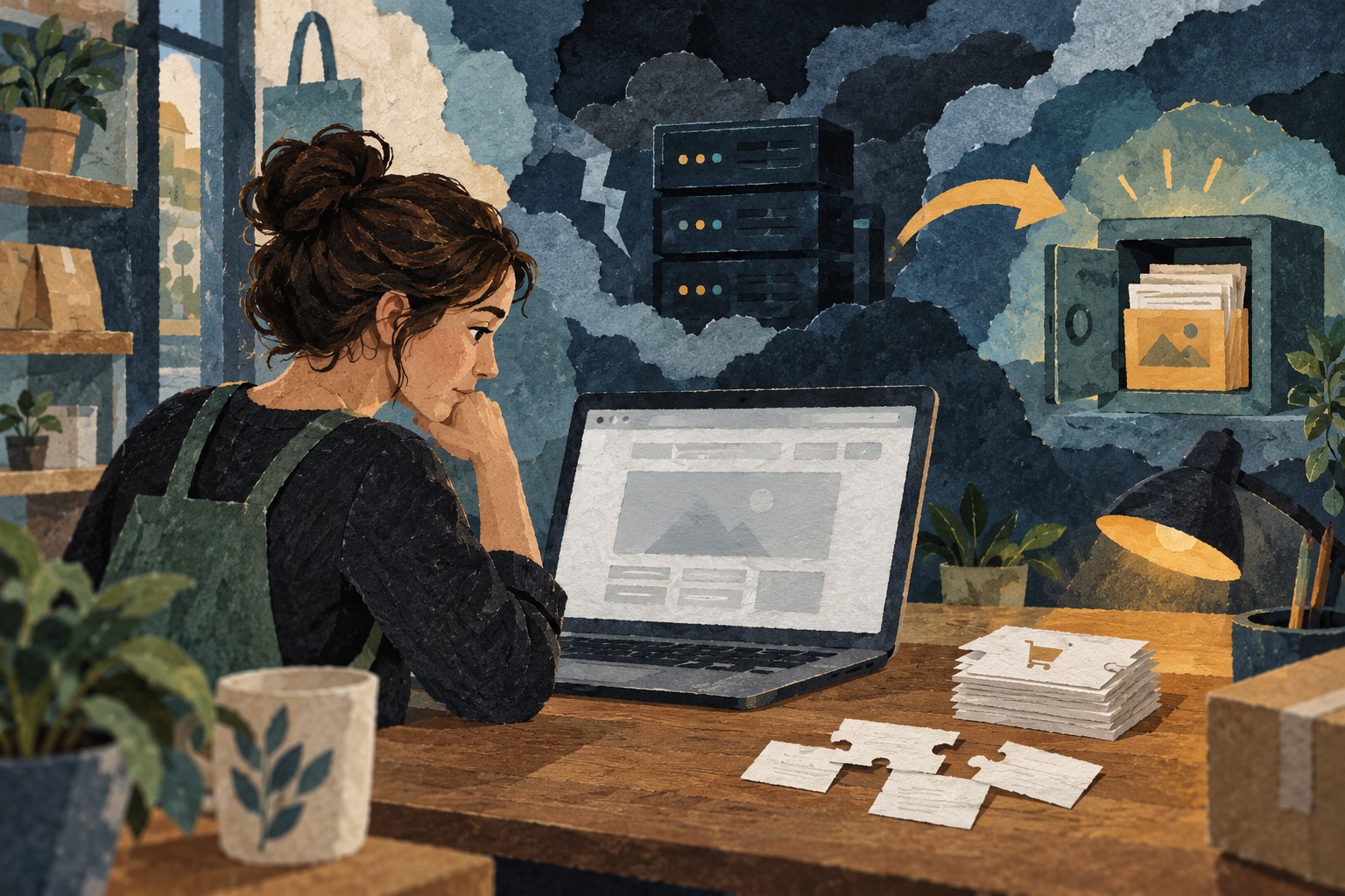 Conceptuele AI-collage van een webwinkelier bij een laptop, met ontbrekende stukken bestelkaarten en een aparte doos met reservekopieën.
