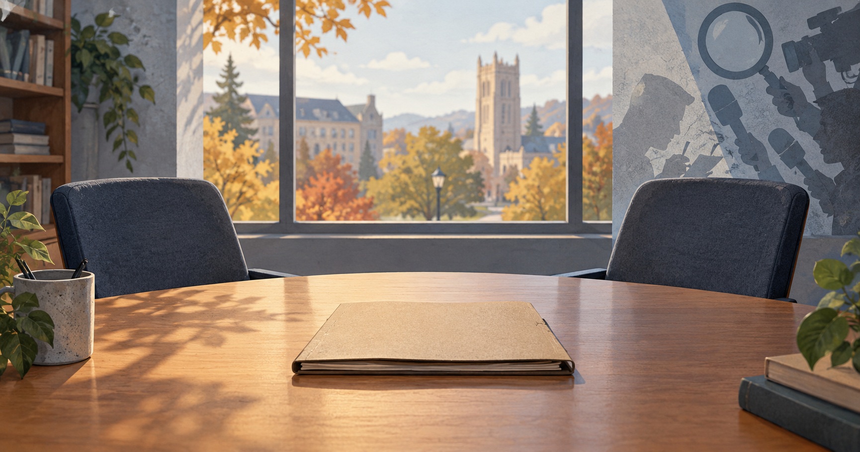 Conceptuele AI-illustratie van een dossier op een universiteitstafel met twee lege stoelen; geen beeld van Cornell of de onderzochte gebeurtenissen.