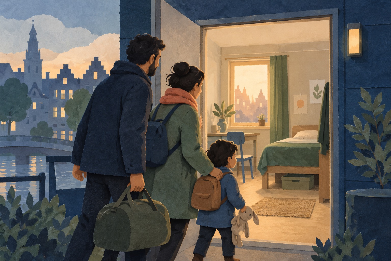 Conceptuele illustratie van een gezin met bagage bij de ingang van een tijdelijke verblijfsruimte.