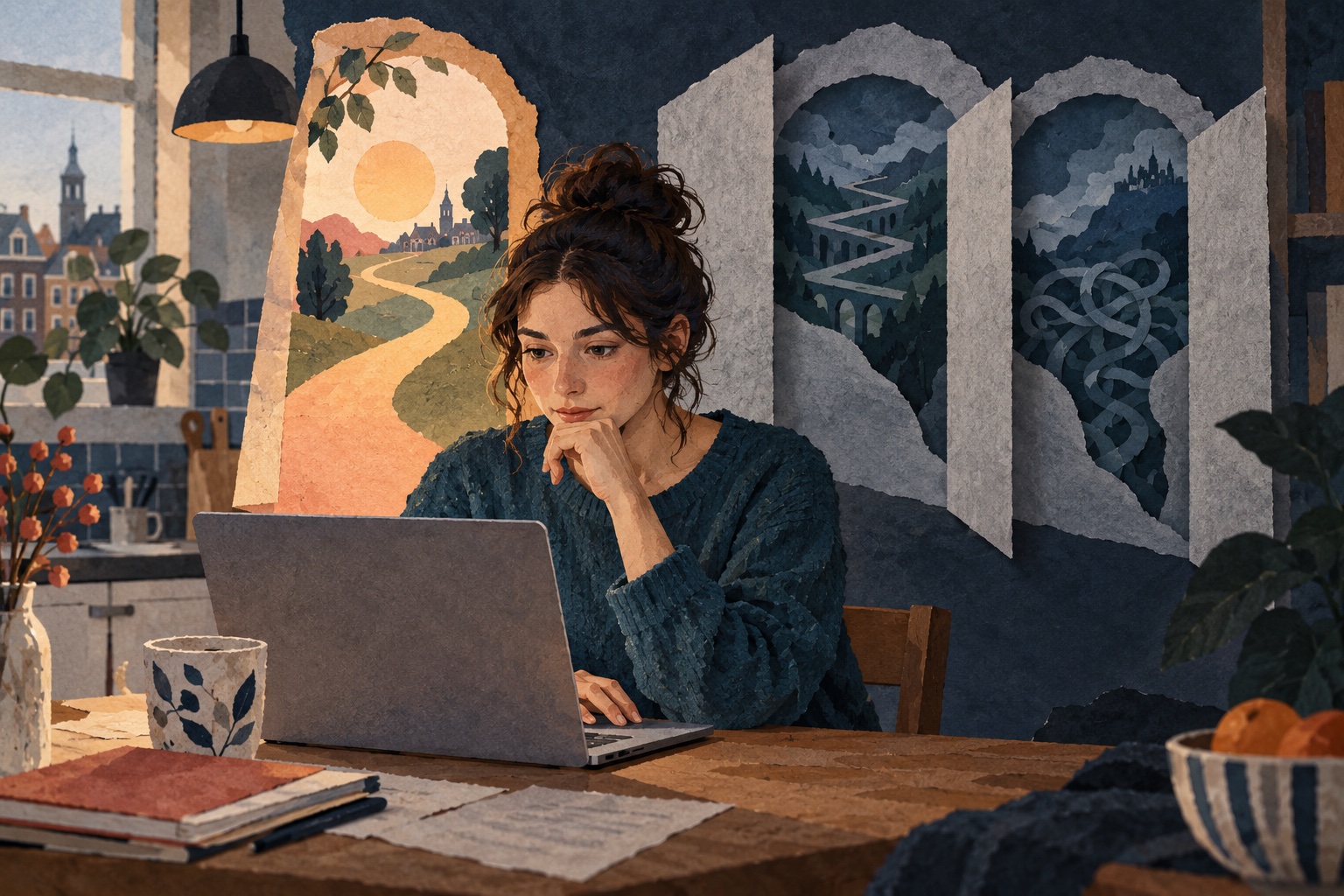 Illustratie van een student aan een laptop met één verlichte route en twee terugwijkende papieren vensters; geen echte Gemini-interface.