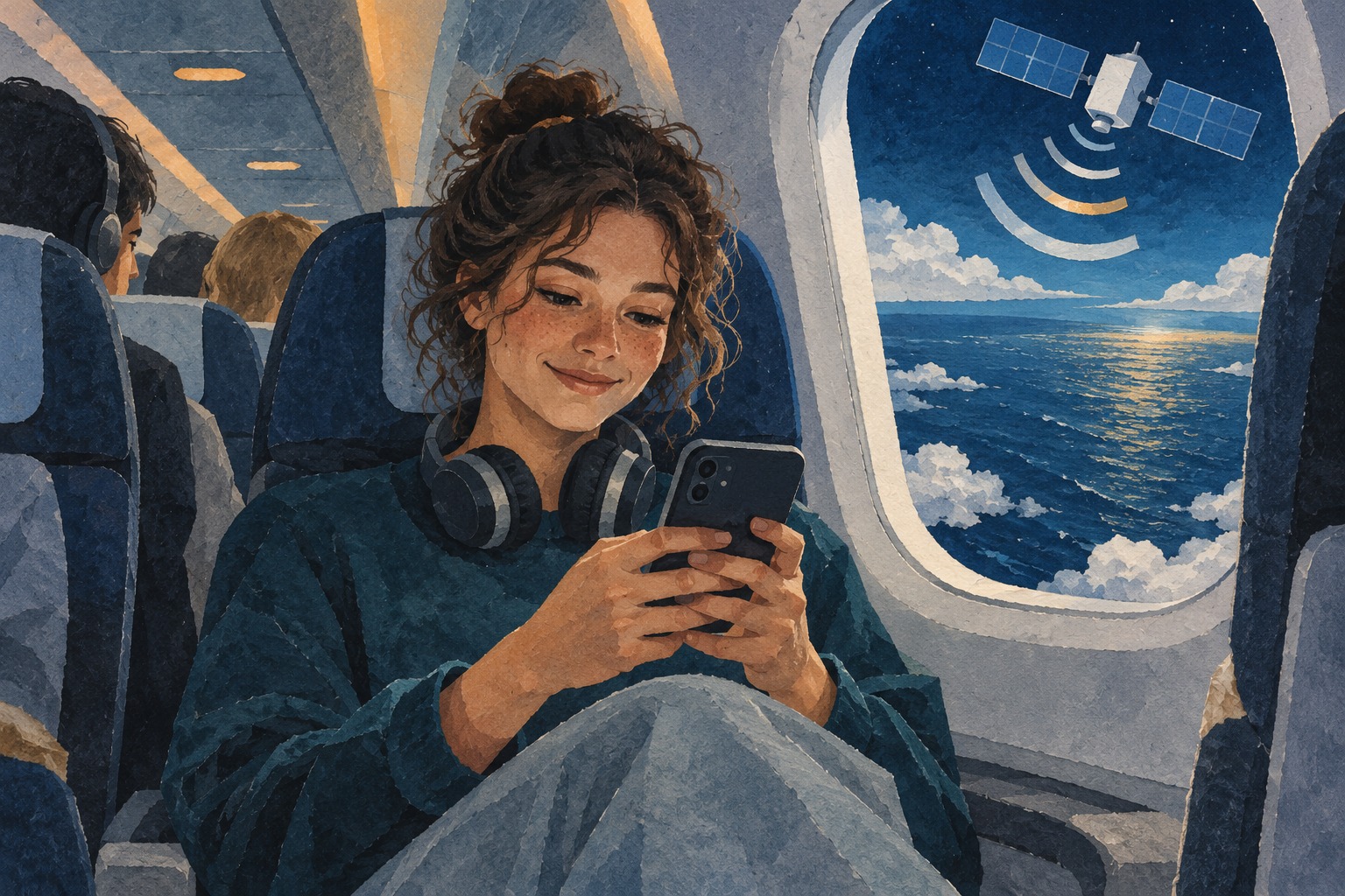 Conceptuele papiercollage van een jonge reiziger die in een vliegtuig boven zee een telefoon gebruikt, met een satelliet buiten het raam.