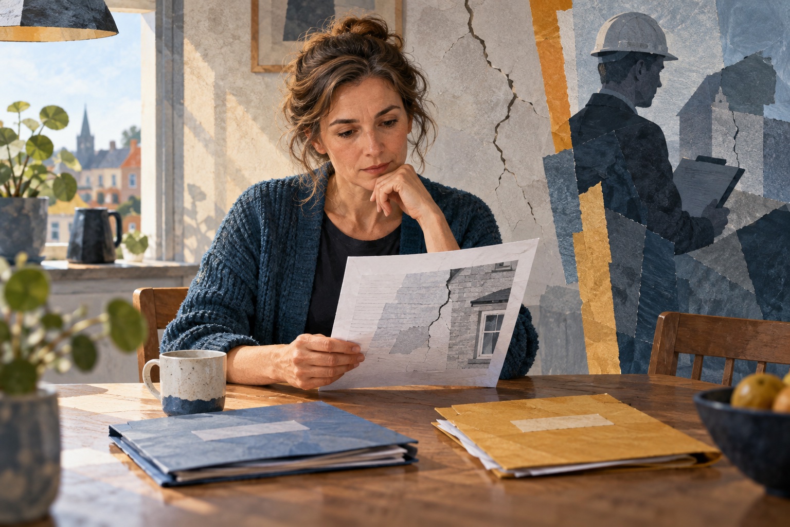 Conceptuele illustratie van een bewoner met een schaderapport aan de keukentafel; achter haar is een scheur in de muur te zien.