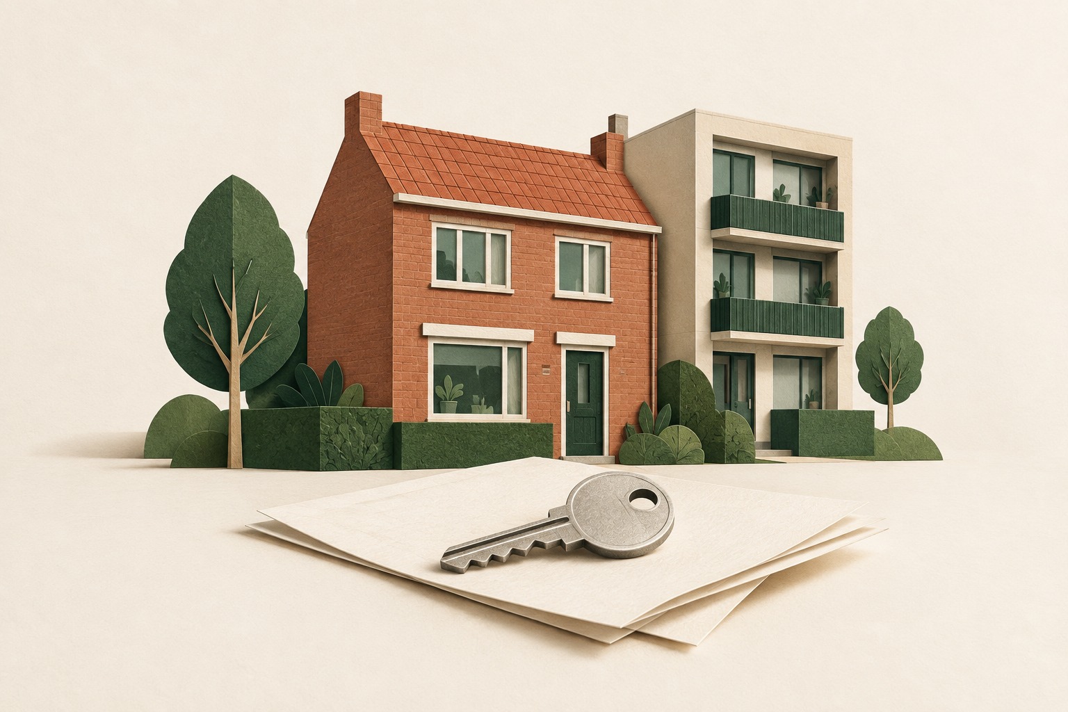 Conceptuele AI-illustratie van papieren Nederlandse huizen en een sleutel op blanco documenten.