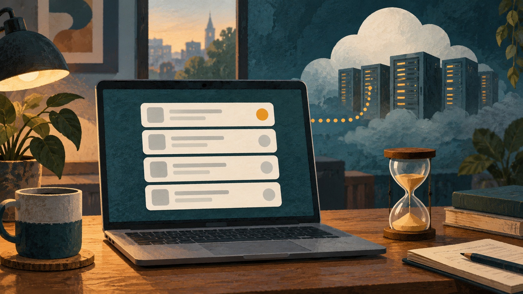 Illustratie van een laptop met wachtende taken, een zandloper en computers in een wolk.