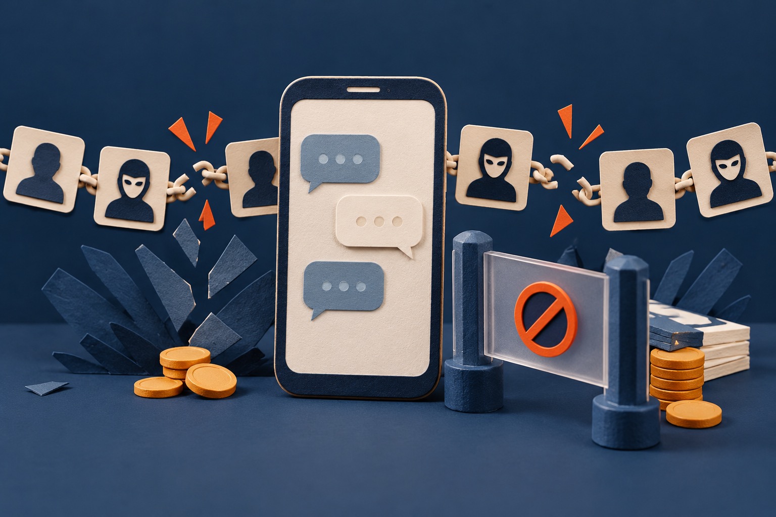 Illustratie van een telefoon met chatballonnen, een onderbroken keten van anonieme profielen en een gesloten poort voor betalingen.