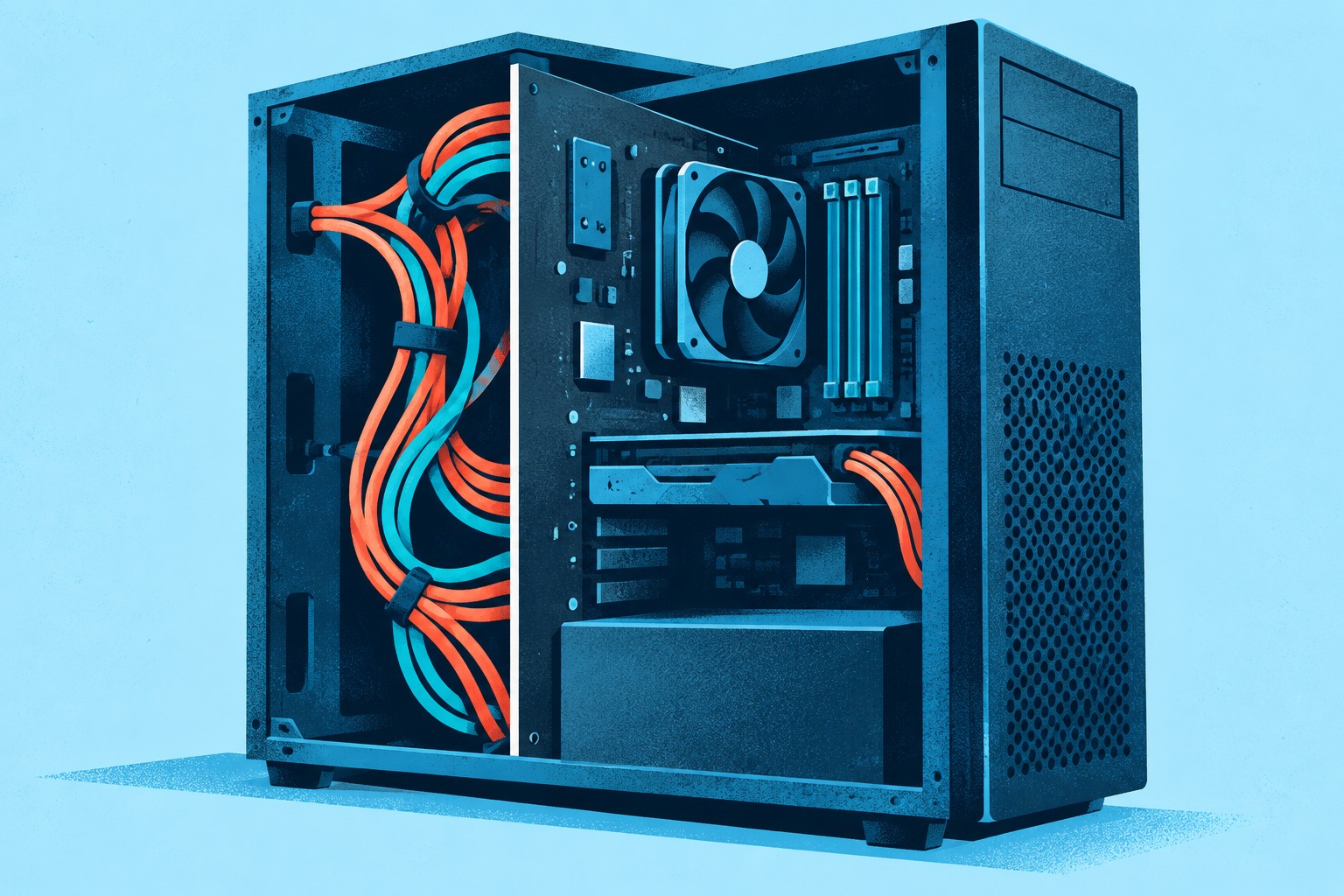 AI-illustratie: een opengewerkte pc toont gekleurde kabels achter een paneel met computeronderdelen.