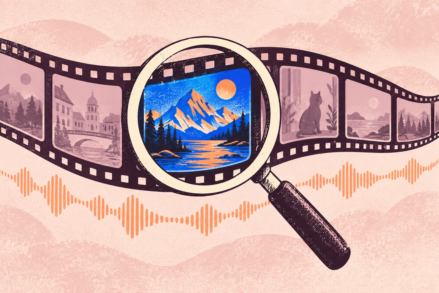 AI-illustratie van een vergrootglas dat één scène in een filmstrook uitlicht, met een afzonderlijke geluidsgolf eronder.