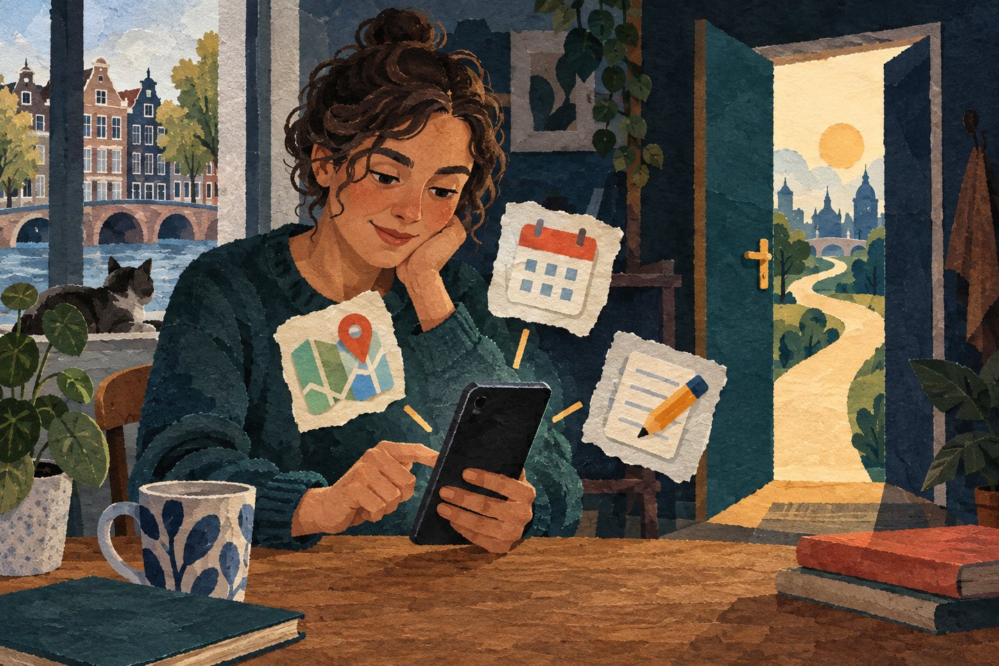 Geschilderde papiercollage van een jonge vrouw die op haar telefoon tussen kaarten-, agenda- en notitie-apps kiest; conceptuele voorstelling van meer keuze op Android.