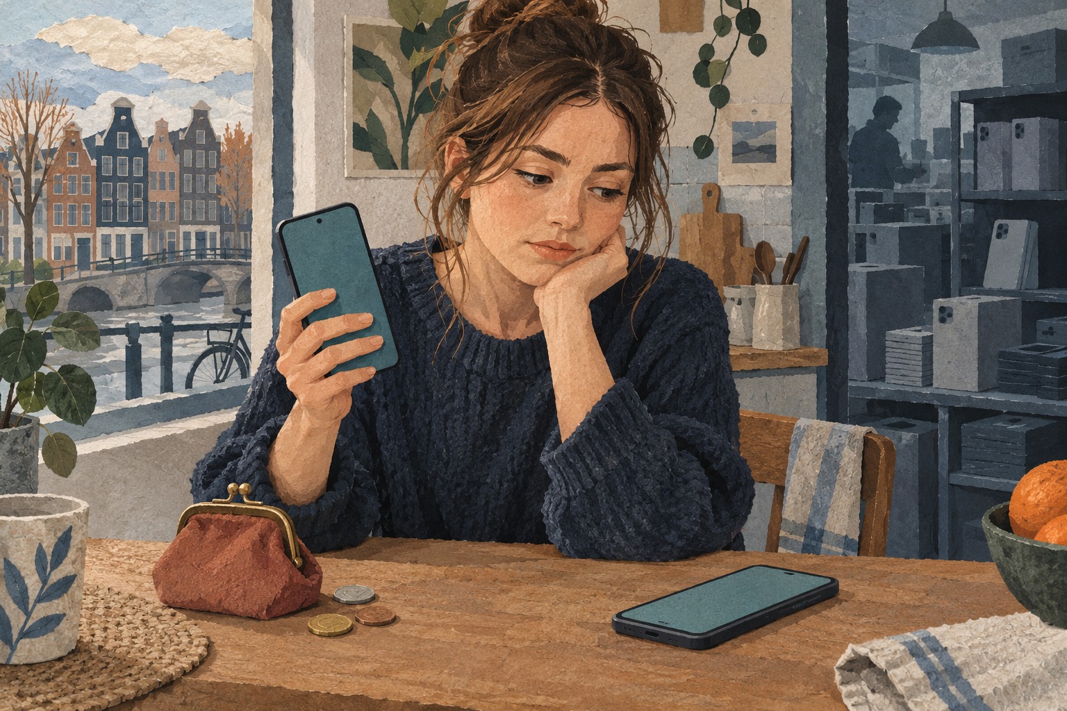Geschilderde papiercollage van een jonge vrouw die twee algemene smartphones en haar aankoopbudget afweegt.