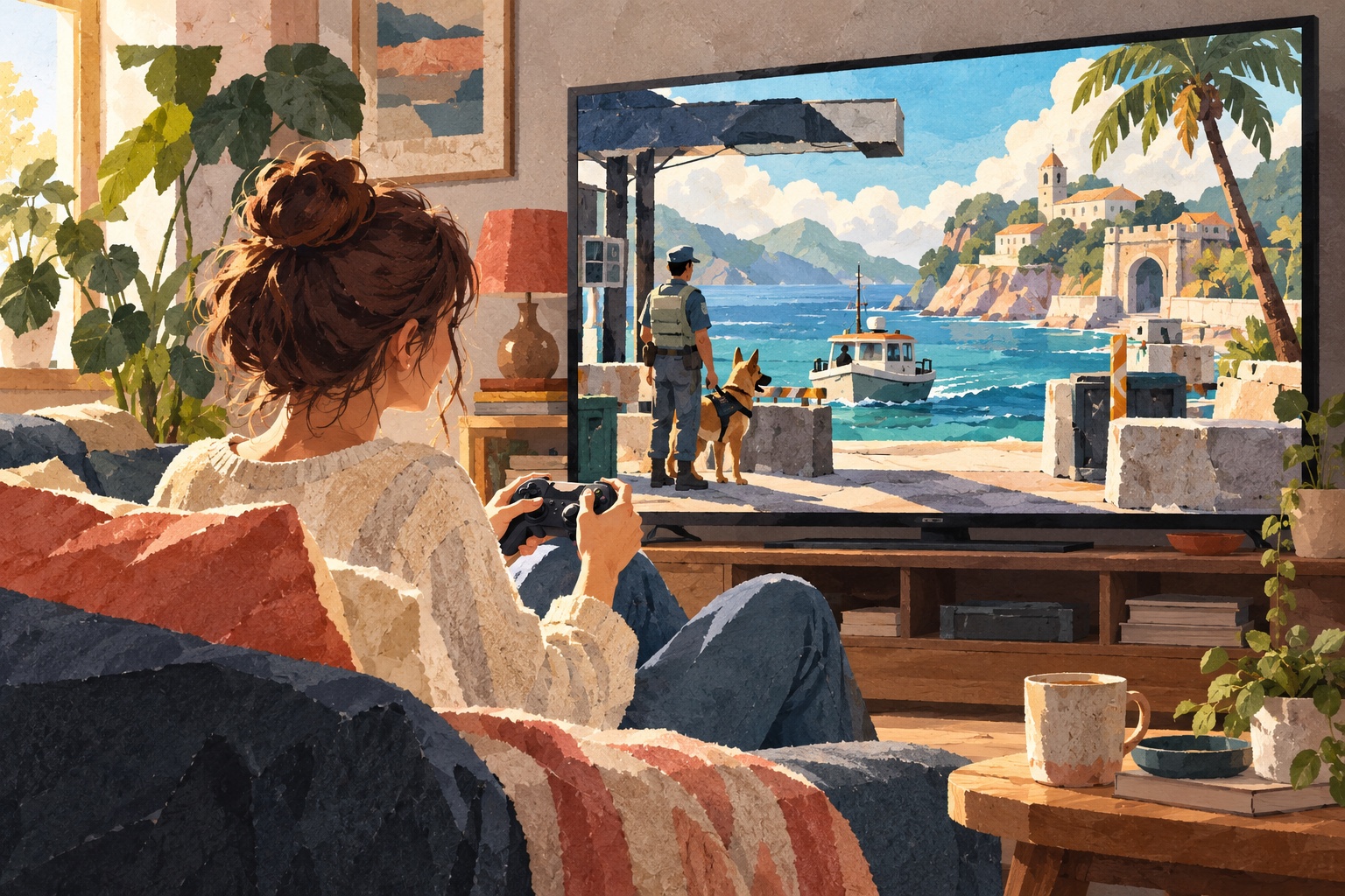 Geschilderde papiercollage van een volwassen speler met een controller, voor een fictief kustlandschap op televisie. Conceptbeeld, geen schermafbeelding van het spel.
