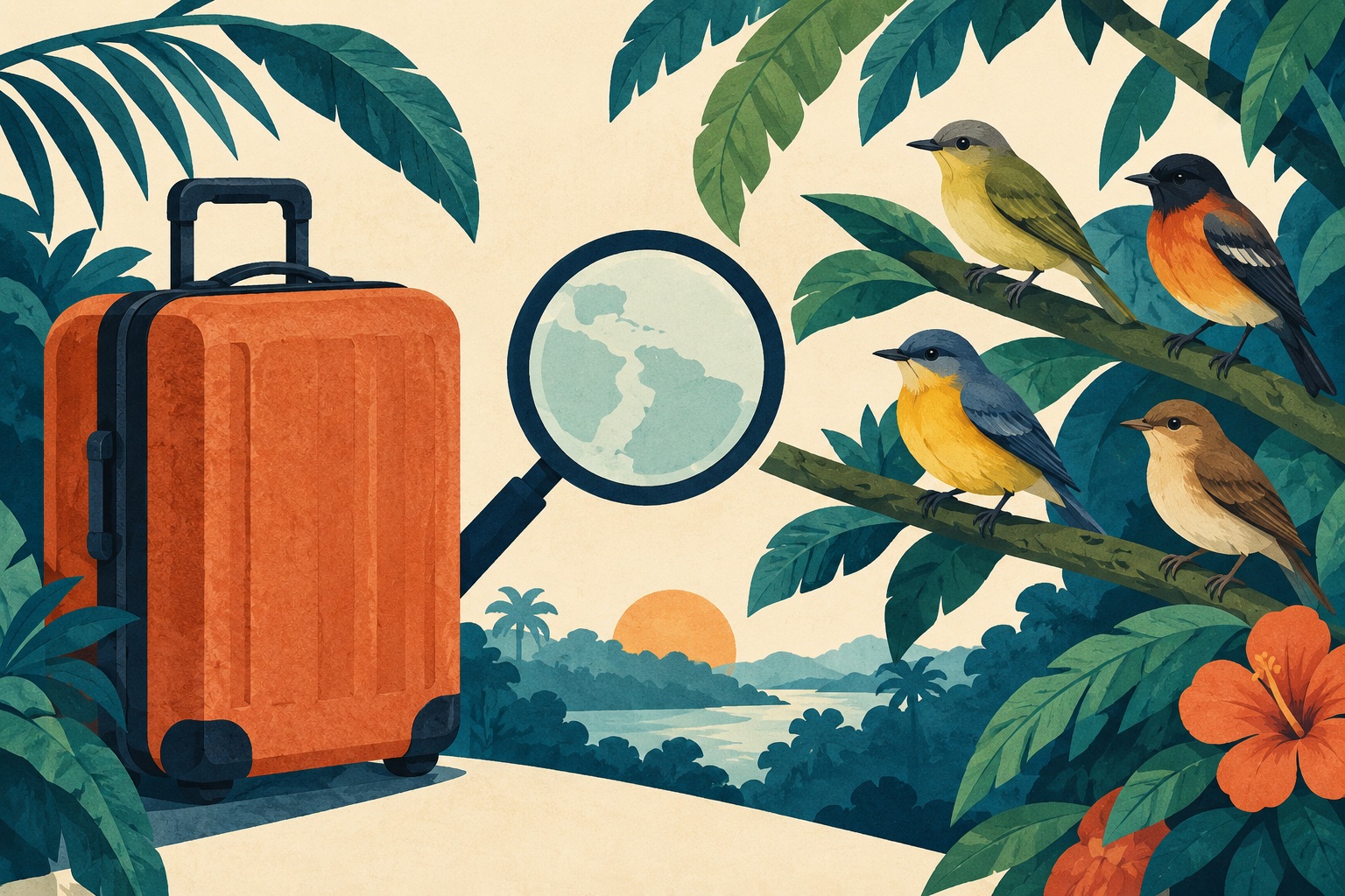 Conceptuele AI-illustratie van een koffer, vergrootglas en vrije vogels tussen tropische bladeren; geen afbeelding van de onderschepping.