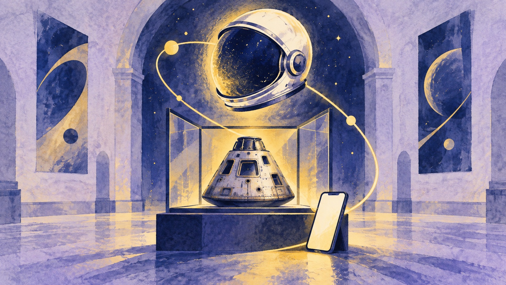 AI-illustratie van een zwevende astronautenhelm boven een museumvitrine met een denkbeeldige ruimtecapsule en een telefoon.