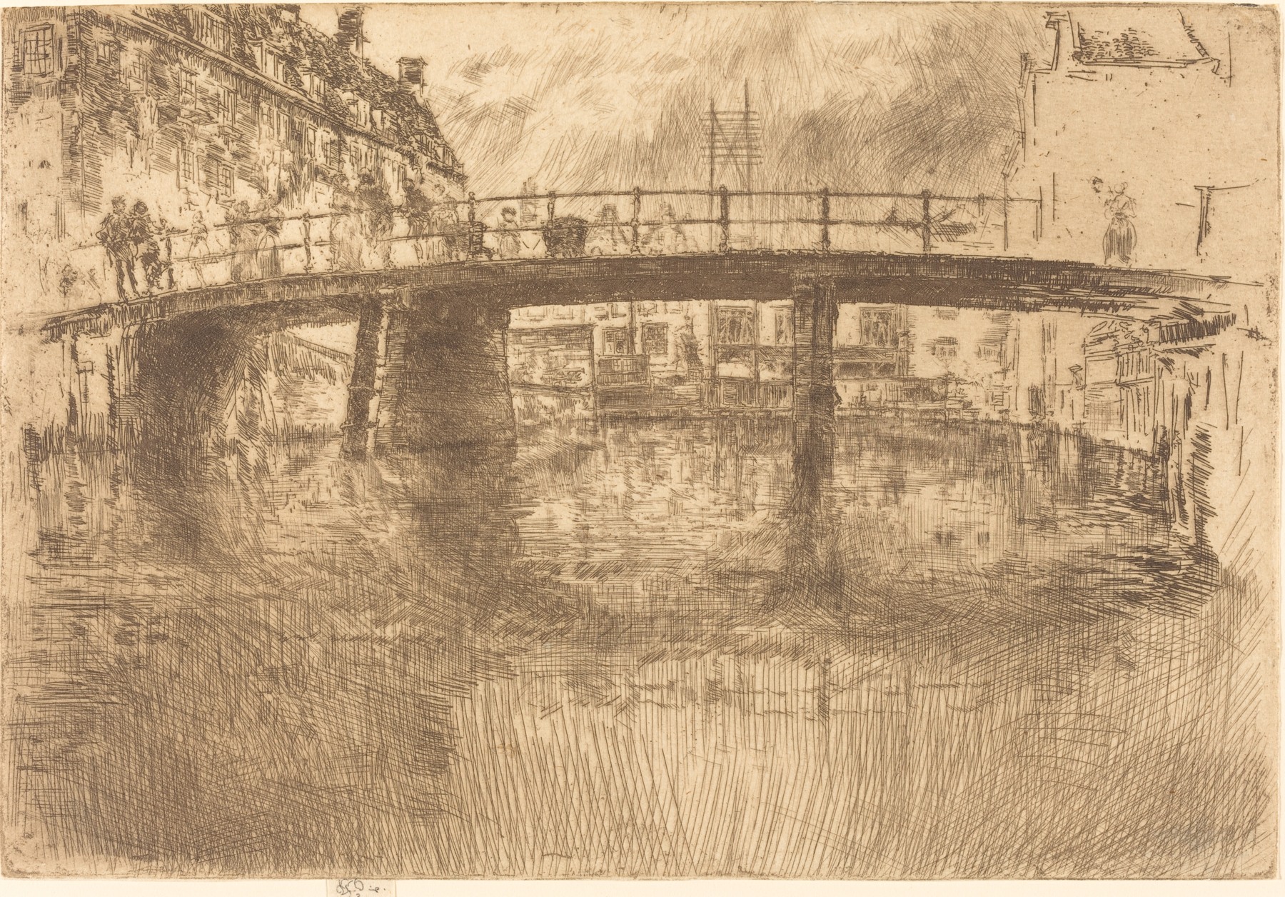 Whistlers ets Bridge, Amsterdam uit 1889 toont een brug met bebouwing en weerspiegelingen in het grachtenwater.