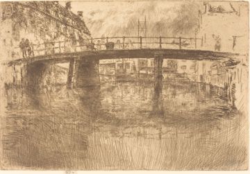 Whistlers ets Bridge, Amsterdam uit 1889 toont een brug met bebouwing en weerspiegelingen in het grachtenwater.