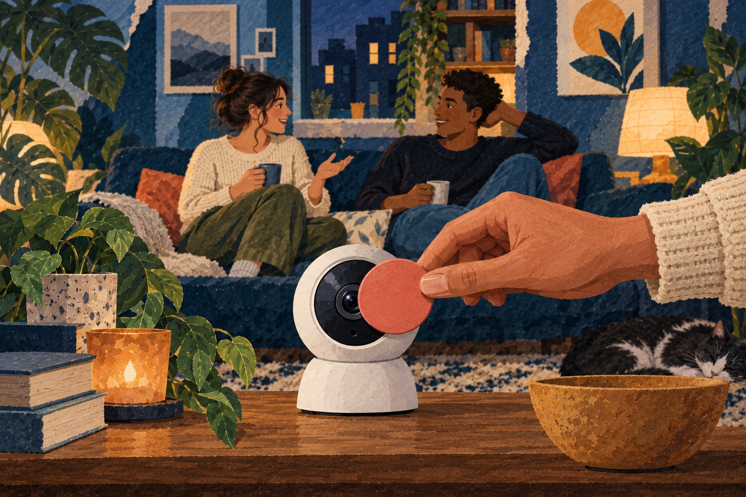 Conceptuele papiercollage van huisgenoten in een woonkamer en een hand die een generieke huiscamera afdekt.