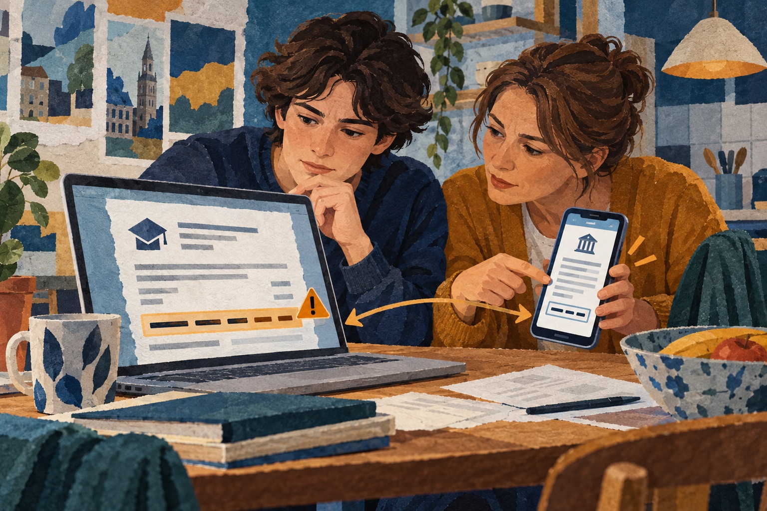 Illustratie van een student en ouder die een rekeningoverzicht op een laptop vergelijken met een controlepagina op een telefoon.