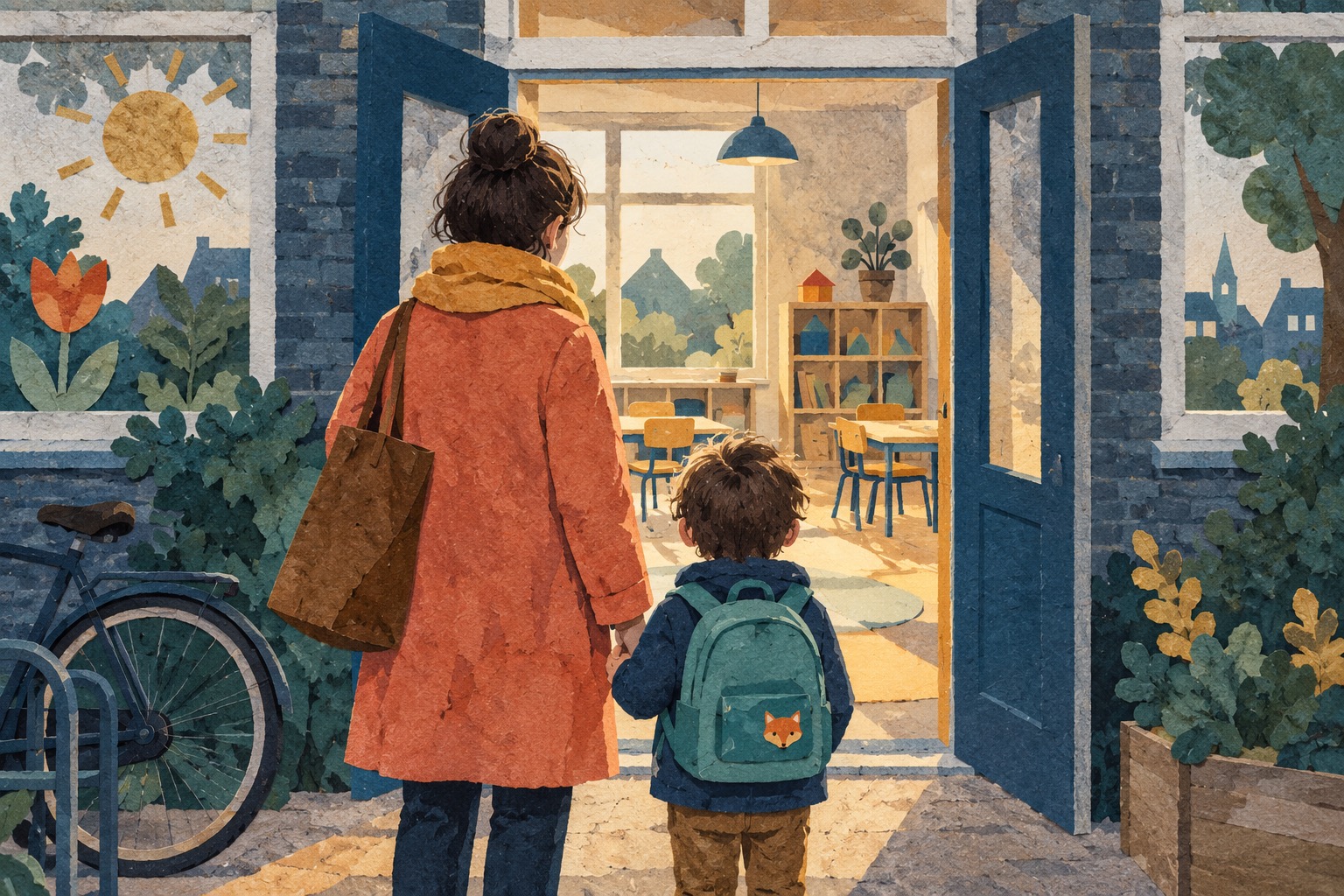 Conceptuele illustratie van een ouder en kind bij de open deur van een fictieve basisschool.