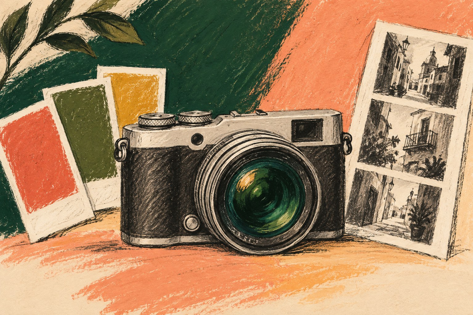 AI-illustratie van een denkbeeldige compacte camera, kleurstalen en een contactvel met stadsbeelden; geen productfoto van de OM SYSTEM PEN.