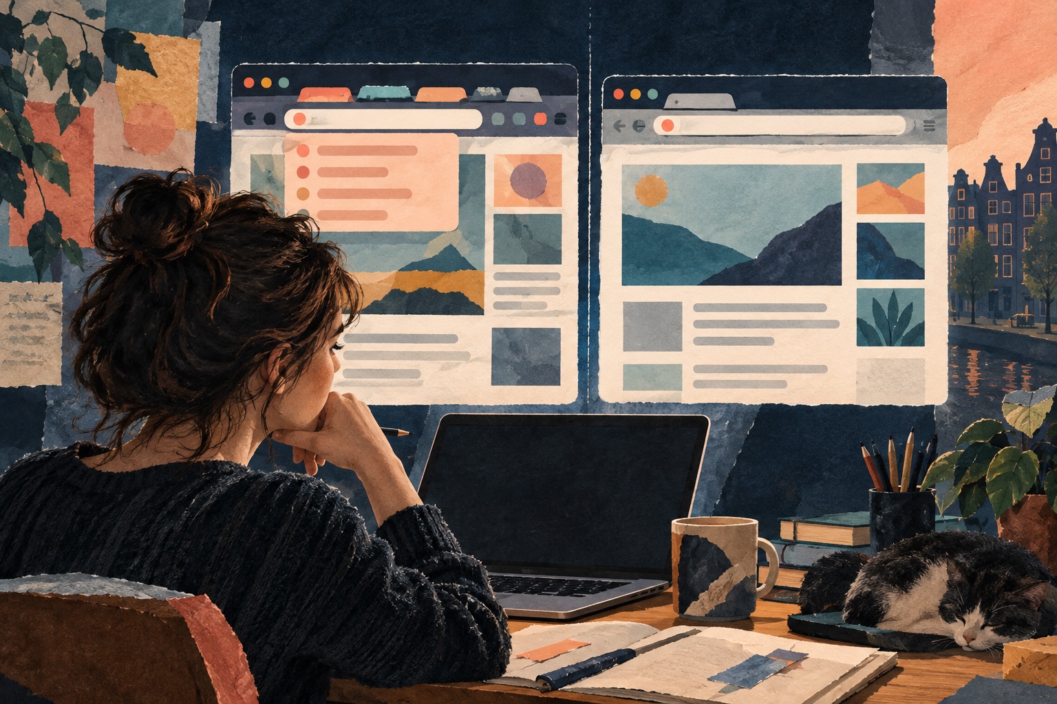 Redactionele papiercollage: iemand vergelijkt twee abstracte browservensters; in het rechtervenster laat een smallere bovenbalk meer van de pagina zien. Geen echte Firefox-schermafbeelding.