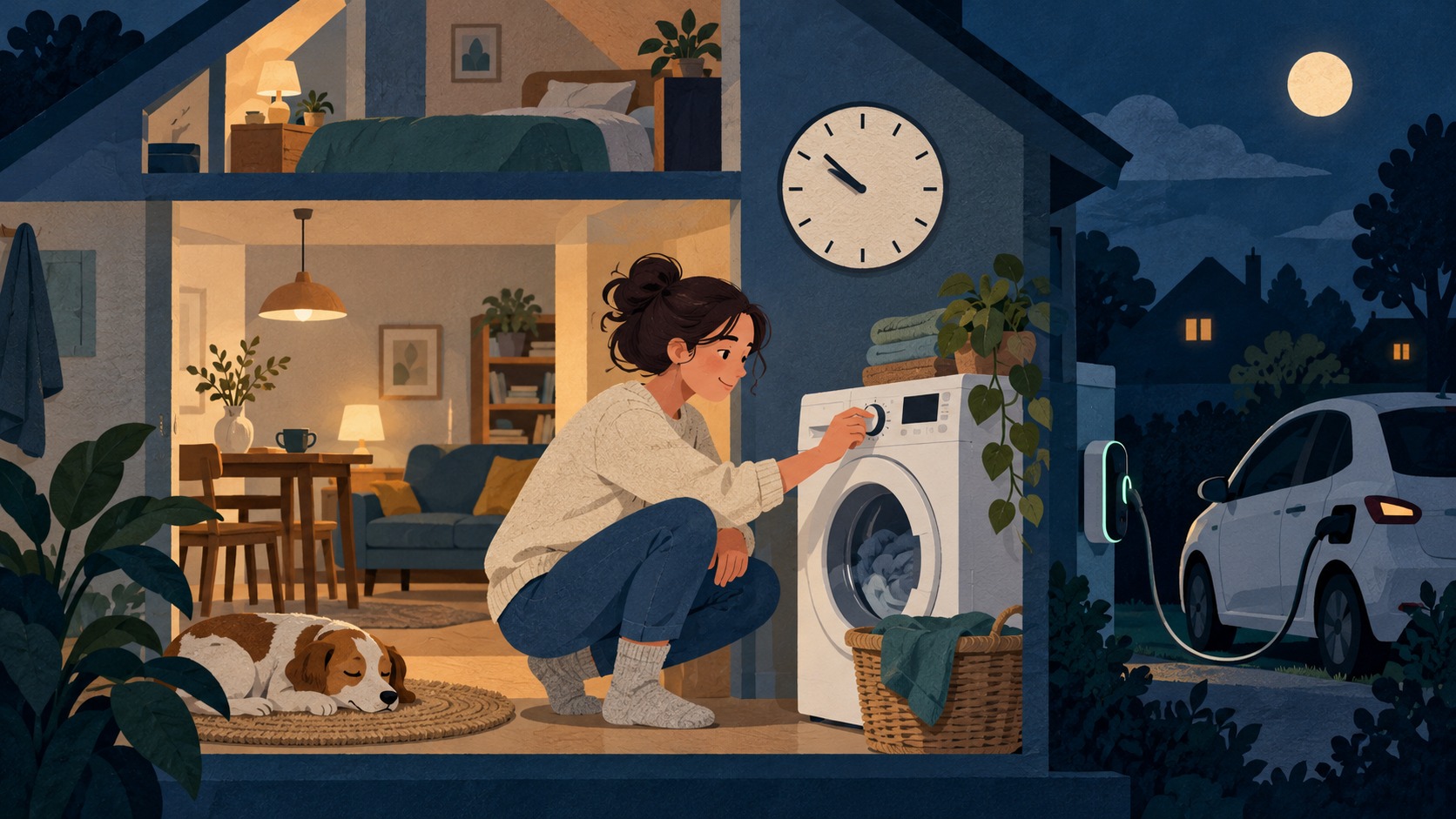 Conceptuele AI-illustratie van een bewoner bij een wasmachine, met een klok en een ladende elektrische auto buiten.