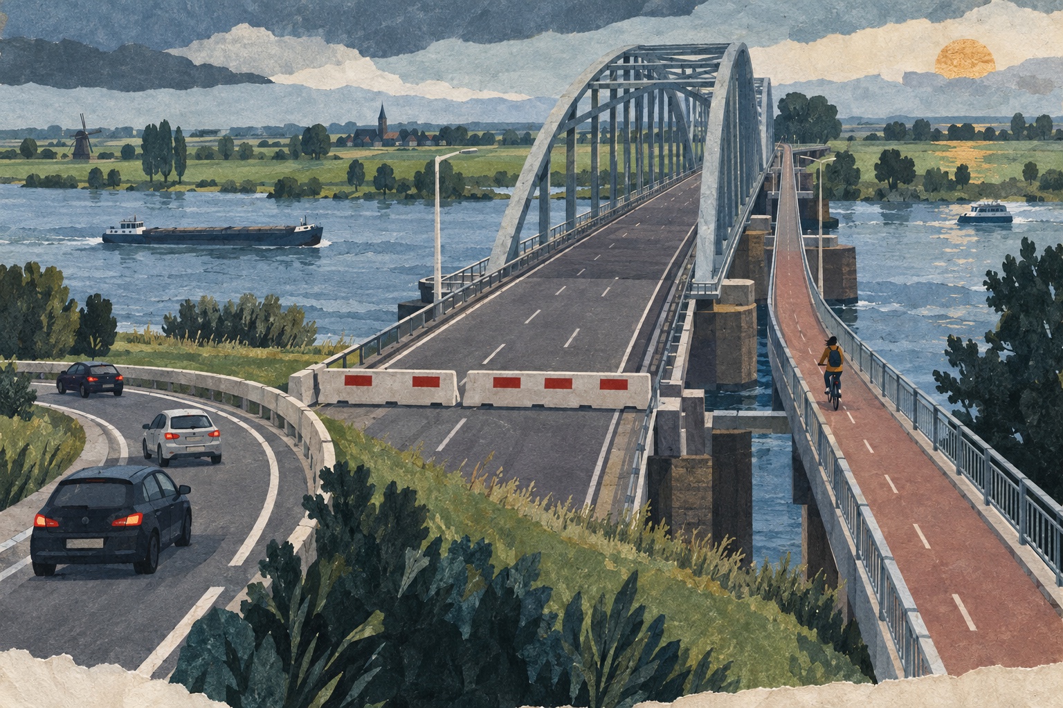 Conceptuele collage van een afgesloten brug voor auto's, een omrijdende weg en een fietser op het open fietspad.
