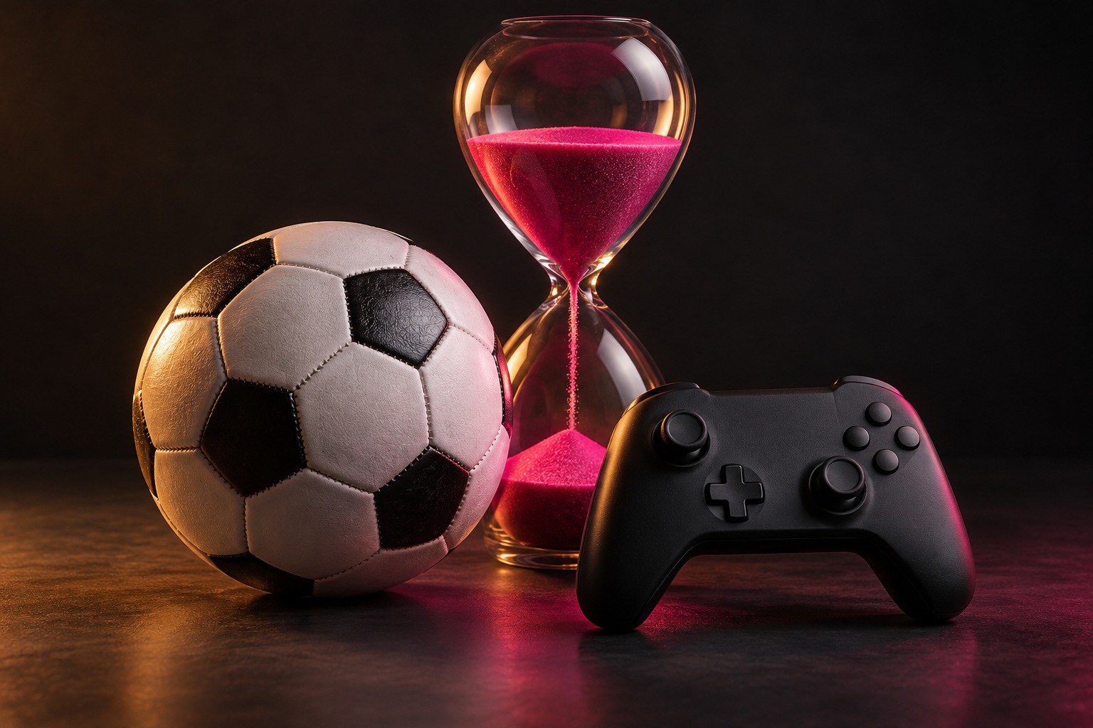 AI-illustratie van een voetbal, een zandloper met roze zand en een controller als concept voor tijdelijk toegang krijgen tot een voetbalgame.